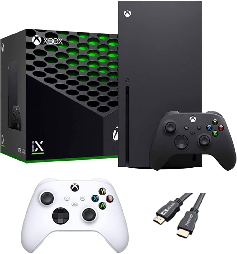 X-Box Series X Gaming Console Bundle – 1TB SSD Black X-Box Console with Two Wireless Controllers -Black and White -and ahaghug Authorized HDMI Cable