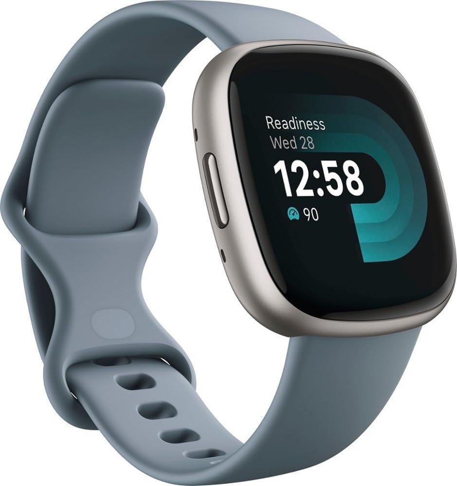 Fitbit Versa 4 Fitness Smartwatch with Daily Readiness, GPS, 24/7 Heart Rate, 40+ Exercise Modes, Sleep Tracking and More, Waterfall Blue/Platinum, One Size (S & L Bands Included) (Renewed)