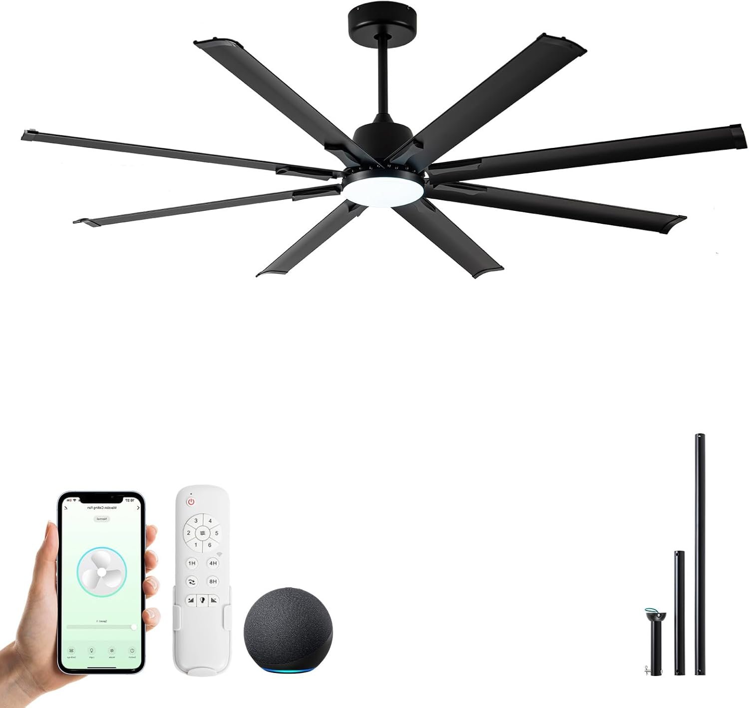 72 Inch Ceiling Fan with Light,Industrial Ceiling Fan with 8 Black Aluminium Blades,Smart Fan Compatible with Alexa,Garage Outdoor Indoor Fan for Patio and Living Room