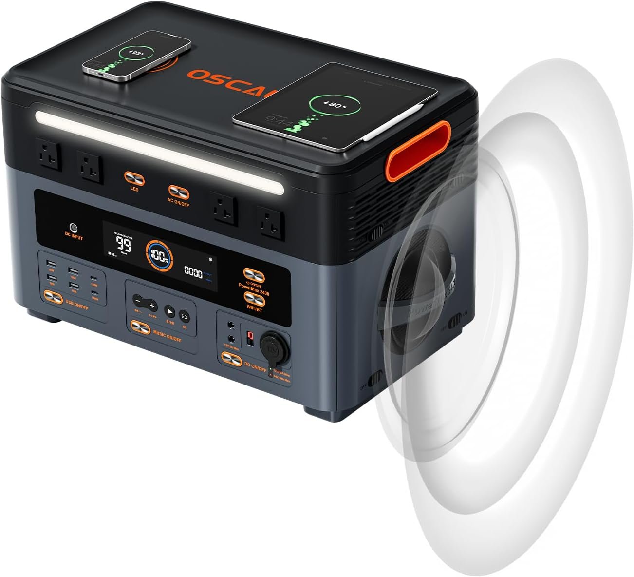 【OSCAL Official】 PM2400 Portable Power Station, 1872Wh LiFePO4 Home Backup Battery with 2 Speakers, 2 Wireless Charging Pad, 2400W Solar Generator(Surge 4800W), 7 Years Service Support