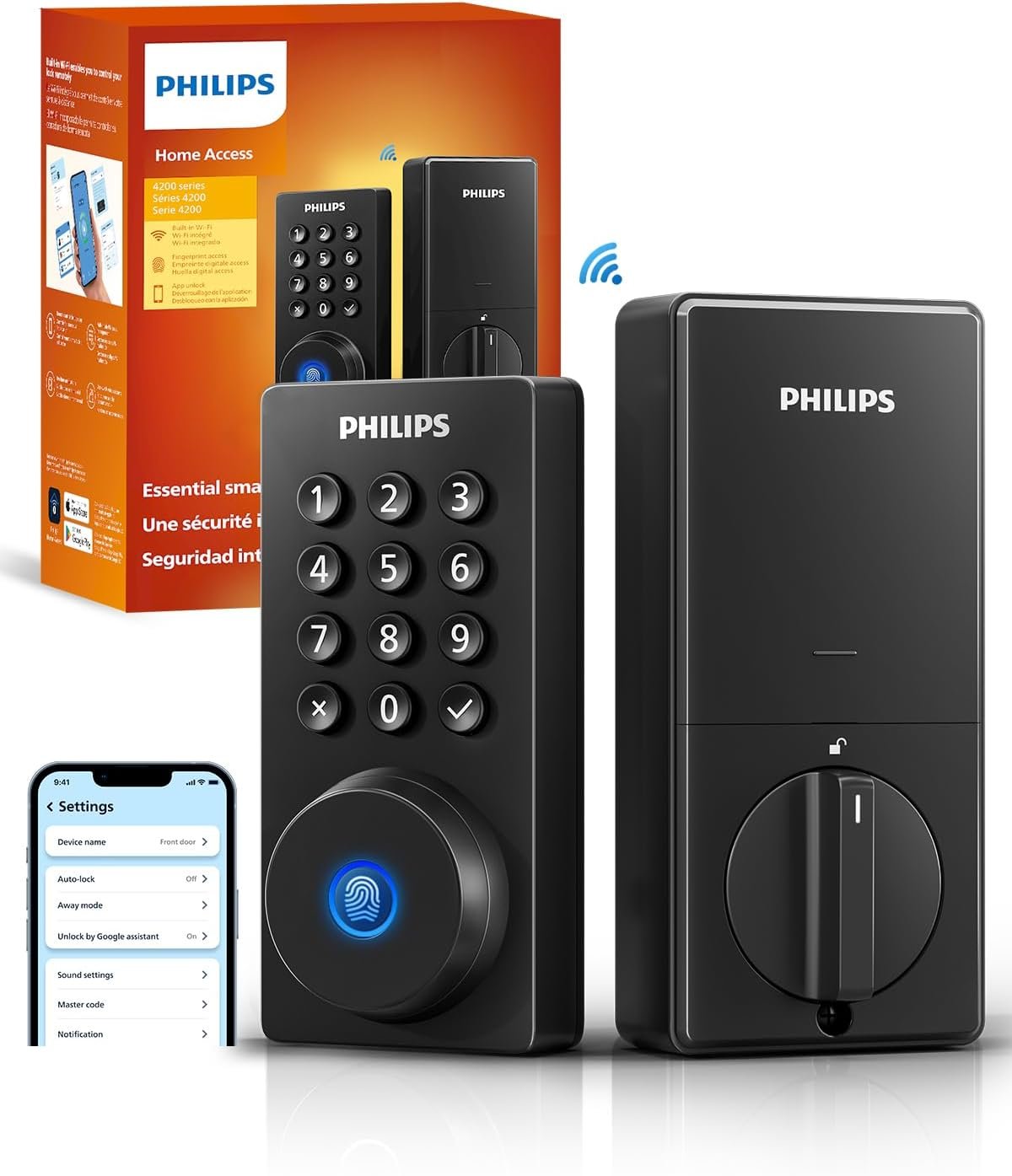 Philips Wi-Fi Door Lock, WiFi Smart Lock Keyless Entry Deadbolt for Front Door, Compatible with Alexa & Google Assistant, Remote Control, Built-in WiFi, APP Fingerprint Passcode Unlock, Auto Locking
