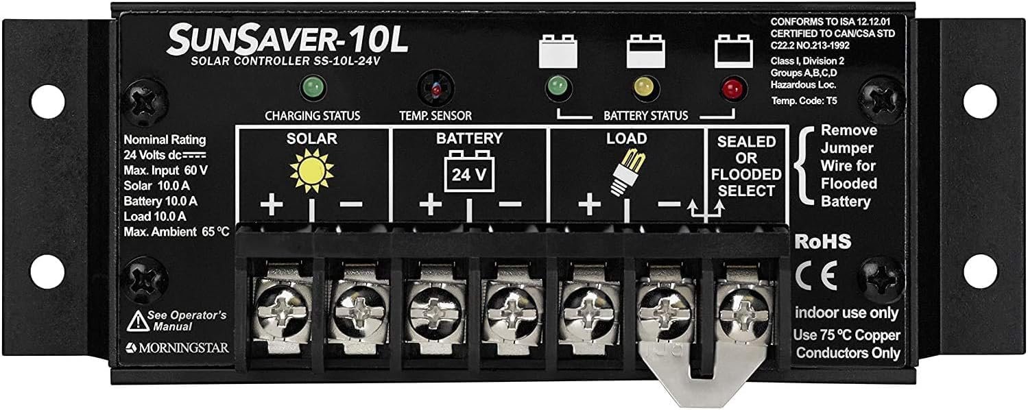 Morningstar SunSaver 10A PWM Solar Charge Controller (SS-10L-24V) – Solar Panel Regulator for 24V Batteries, Four Stage Battery Charging, LVD, HazLoc Rated, Low Noise, 5 Year WTY – Designed in the USA