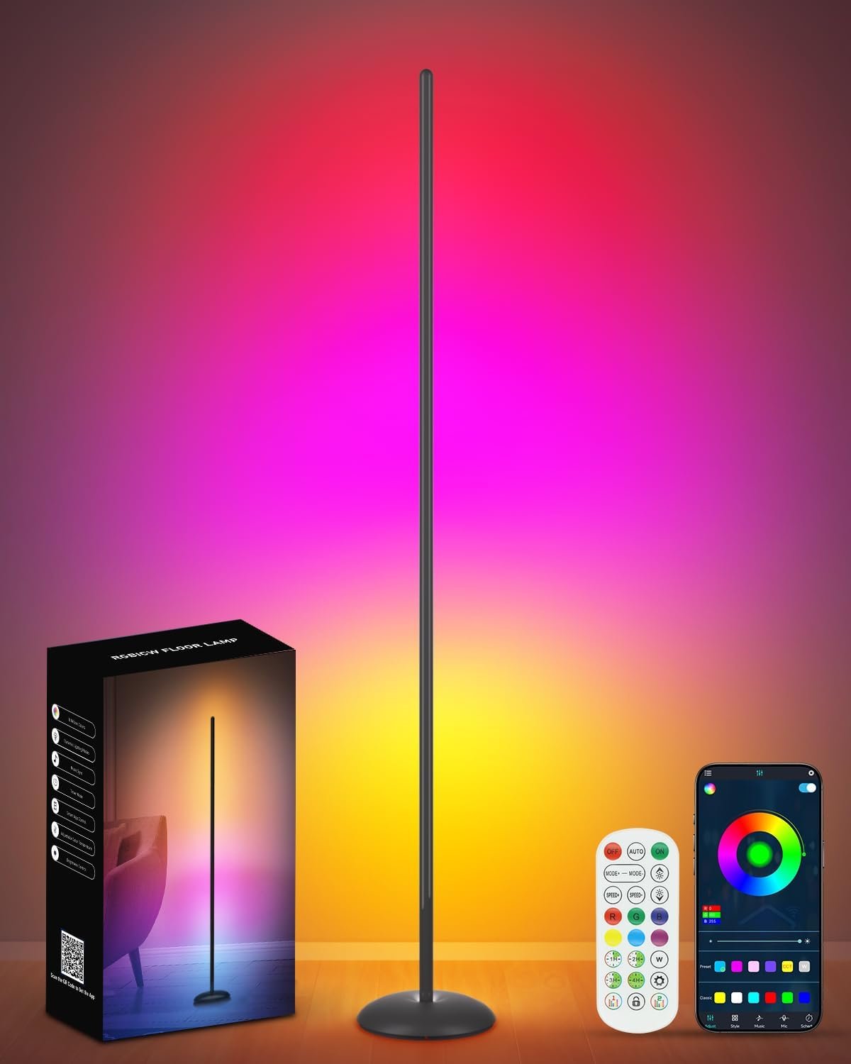 Corner Floor Lamp, Smart RGB LED Corner Lamp with App & Remote, Modern Floor Lamp with 16 Million Colors, Music Sync, Scene Modes, Color Changing Standing Lamps for Living Room, Bedroom