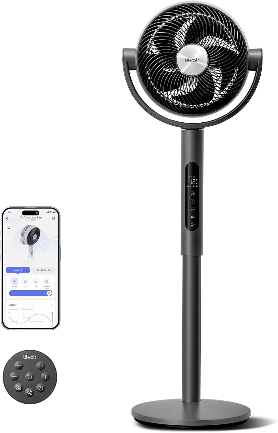 Levoit Standing Smart Fan for Bedroom, 1451CFM Ultra-High Airflow, 12H Timer with WiFi/Voice/Remoter, Auto 120°+90° Oscillating, Quite 20dB, 12 Speeds, 4 Modes, DC Motor, 2 in 1 Pedestal & Tabletop