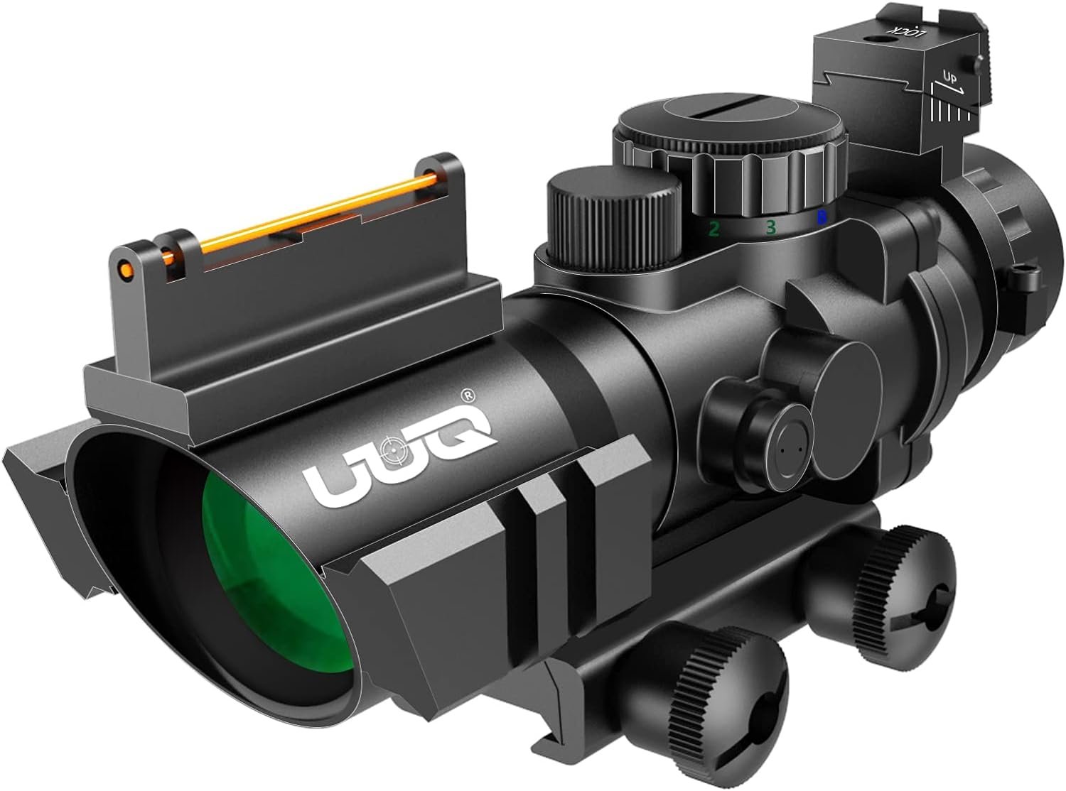 UUQ Prism 4×32 Red/Green/Blue Triple Illuminated Rapid Range Reticle Rifle Scope W/Top Fiber Optic Sight and Weaver Slots