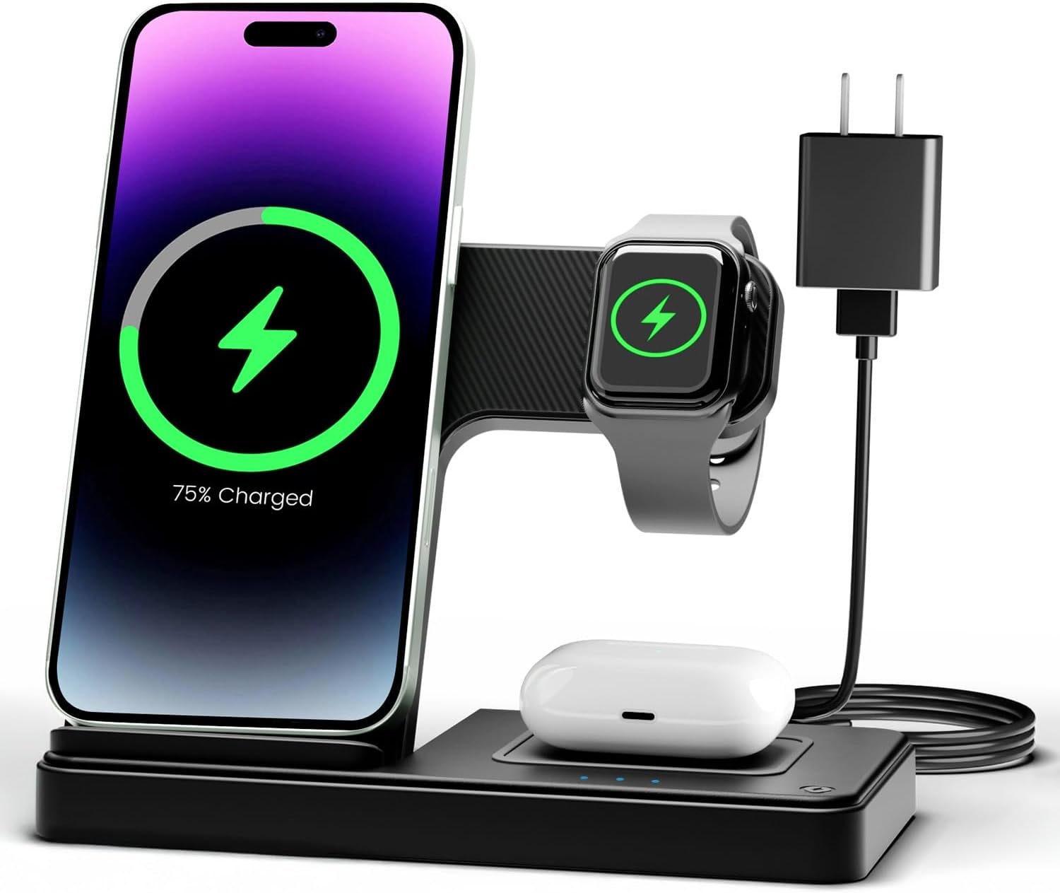Wireless Charger iPhone Charging Station: 3 in 1 Charger Stand Multiple Devices for Apple – iPhone 17 16e 16 15 14 Pro Max 13 12 11 – Watch 10 9 8 7 6 5 4 3 2 SE and Ultra Series – Airpods 4 3 Pro