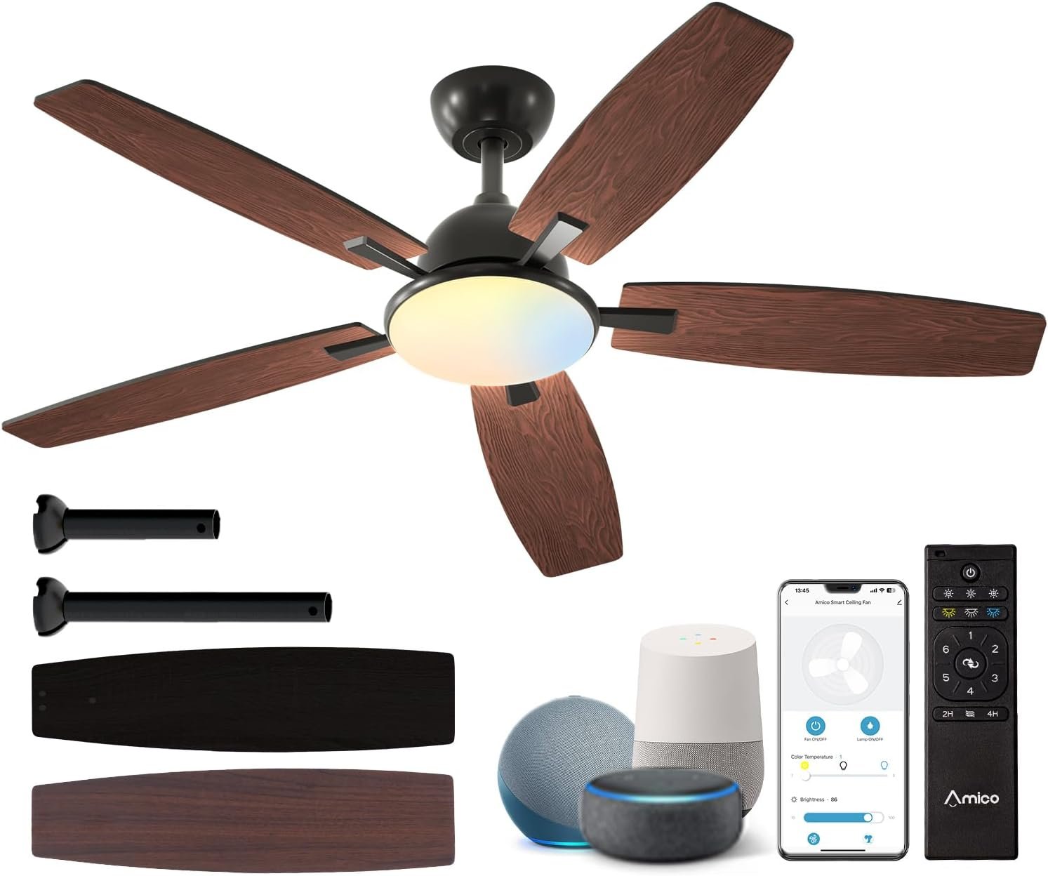 Amico Ceiling Fans with Lights, 52 inch Smart Ceiling Fan with Remote/APP/Alexa Control, Reversible DC Motor, 5 Blades, 6 Speeds, 3CCT, Dimmable, Noiseless, Wifi Ceiling Fan for Farmhouse, Bedroom