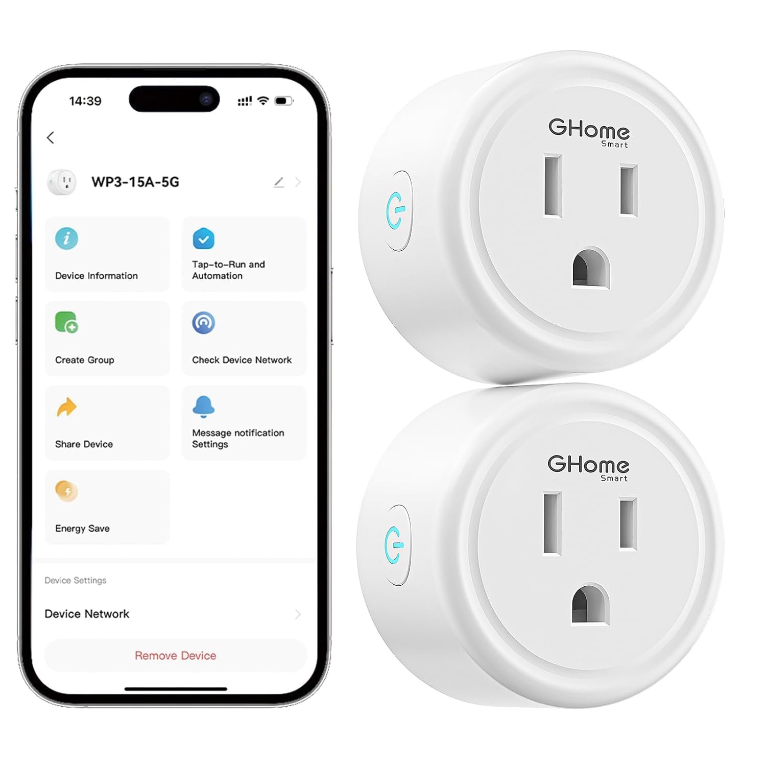 GHome Smart Plug 15A 5GHz, Smart Home Wi-Fi Outlet Compatible with Alexa and Google Home & IFTTT, No Hub Required, UL Certified, 5G and 2.4G WiFi, ETL/FCC Certified, White (2 Pack)