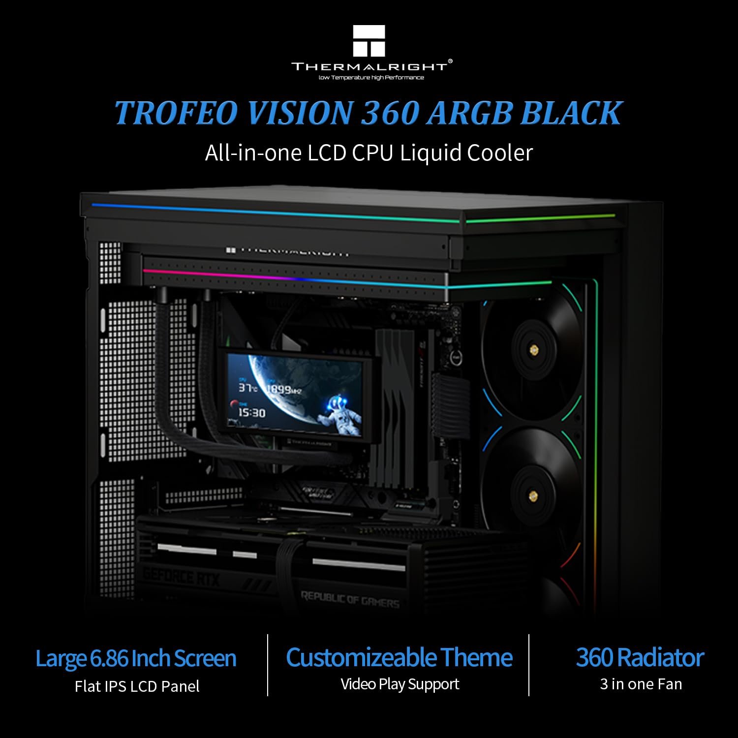 Thermalright Trofeo Vision 360 ARGB Black CPU Liqud Cooler,6.86-inch Magnetic IPS LCD Screen with 2400×1080 Resolution,Free to DIY a Variety of Themes,Liquid CPU Cooler for AM4/AM5,Intel lga1700/1851