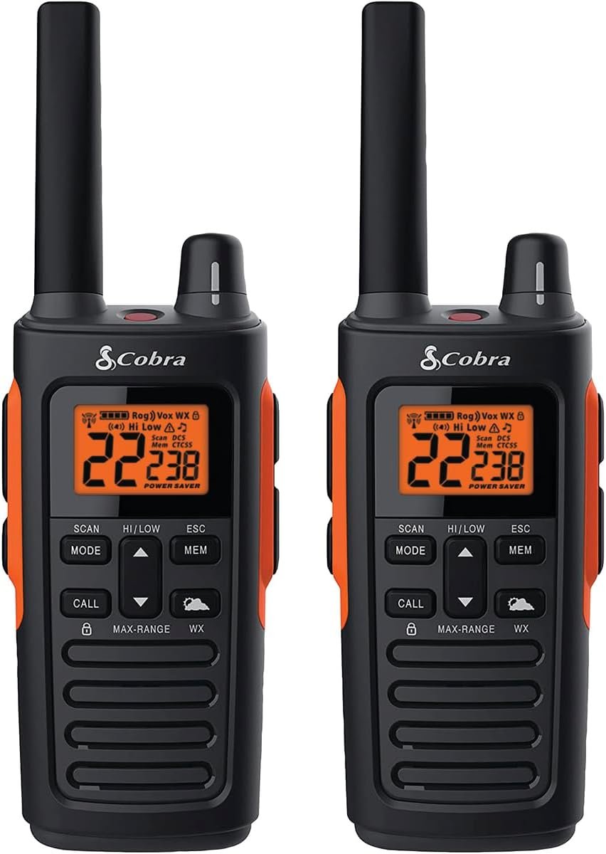 Cobra RX680 Walkie Talkies (2-Pack) – Rugged & Splashproof Two Way Radios Long Range, IP54 Water Resistant Design, 60 Pre-Programmed Channels, Weather Alerts, Included Charging Dock (Black/Orange)