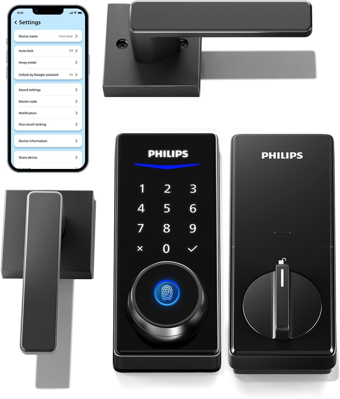 Philips Smart Lock with Handles, Keyless Entry Door Lock Set, Smart Door Lock with 2 Level Handles, Digital Keypad Deadbolt for Front Door, App Fingerprint PIN Code Unlocking, Auto Locking