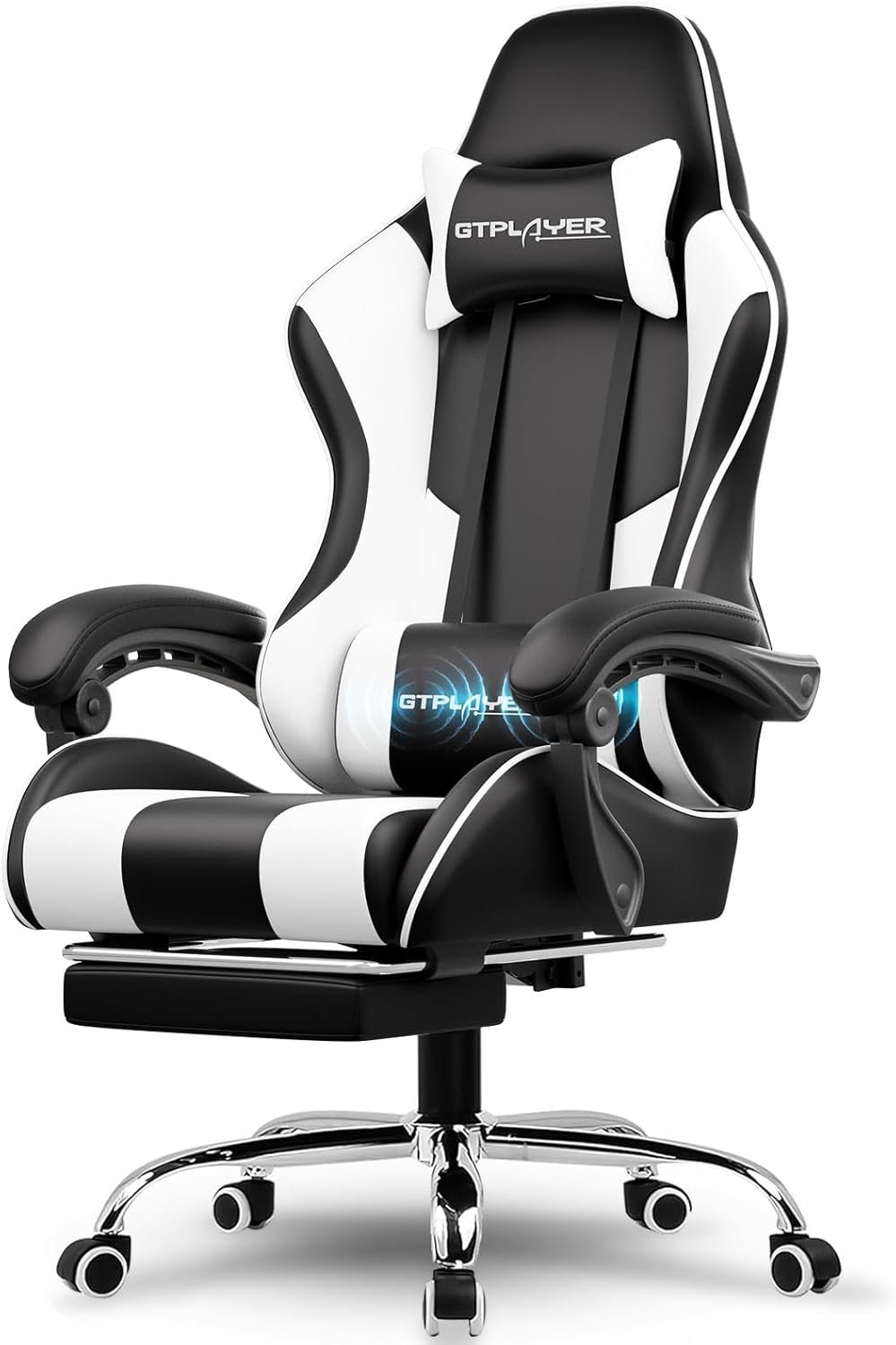 GTPLAYER Gaming Chair, Computer Chair with Footrest and Lumbar Support, Height Adjustable Game Chair with 360°-Swivel Seat and Headrest and for Office or Gaming (White)