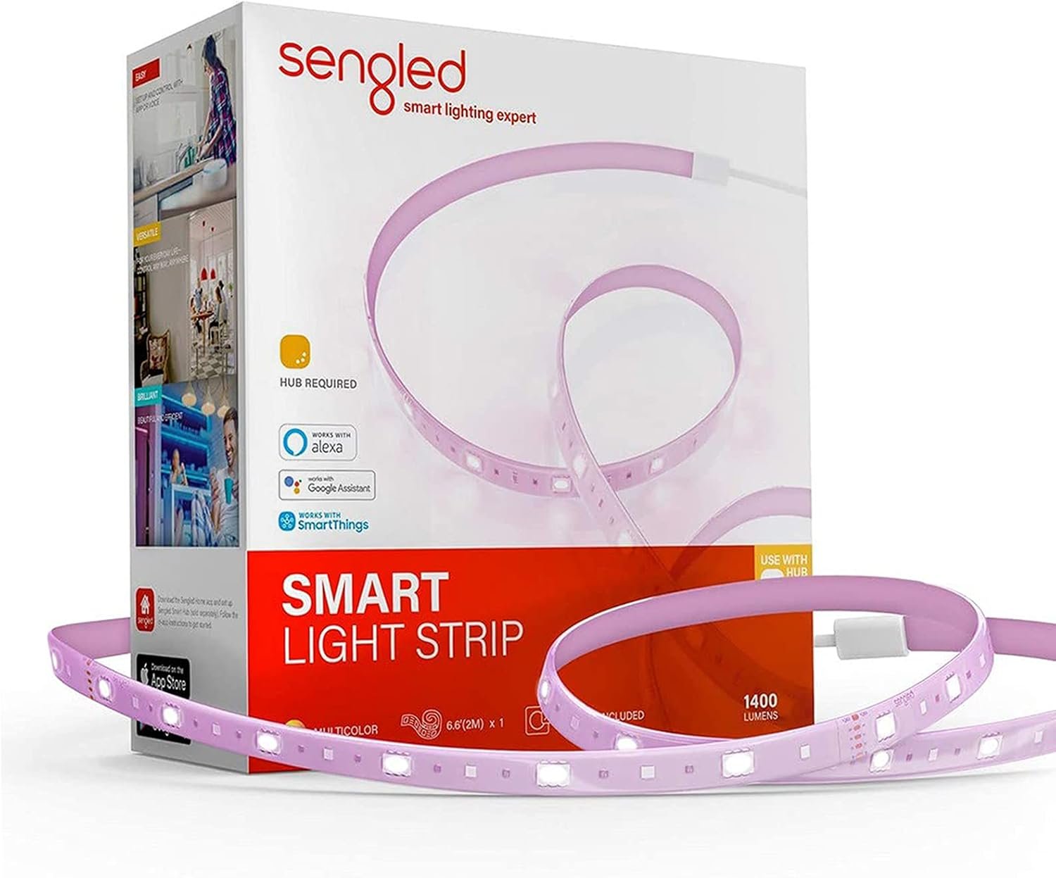Sengled Smart Zigbee Multicolor Light Strip, 2M (6.56ft) Base Kit, Hub Required, Also Compatible with Alexa & Google Assistant, RGBW, Extendable, High Brightness, 1400Lumens (E1G-G8E)