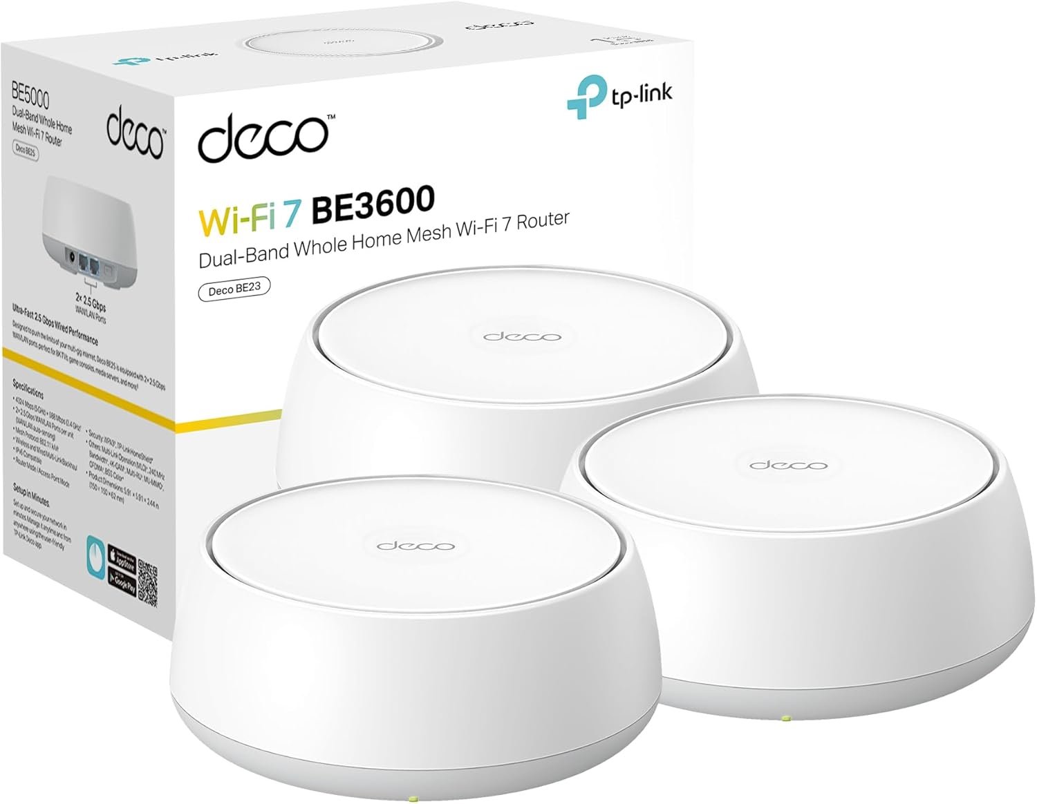 TP-Link Deco BE23 Dual-Band BE3600 WiFi 7 Mesh Wi-Fi System | 4-Stream 3.6 Gbps, 160 Mhz | Covers up to 6,500 Sq.Ft | 2× 2.5G Ports Wired Backhaul | VPN,MLO,AI-Roaming, HomeShield, 3-Pack