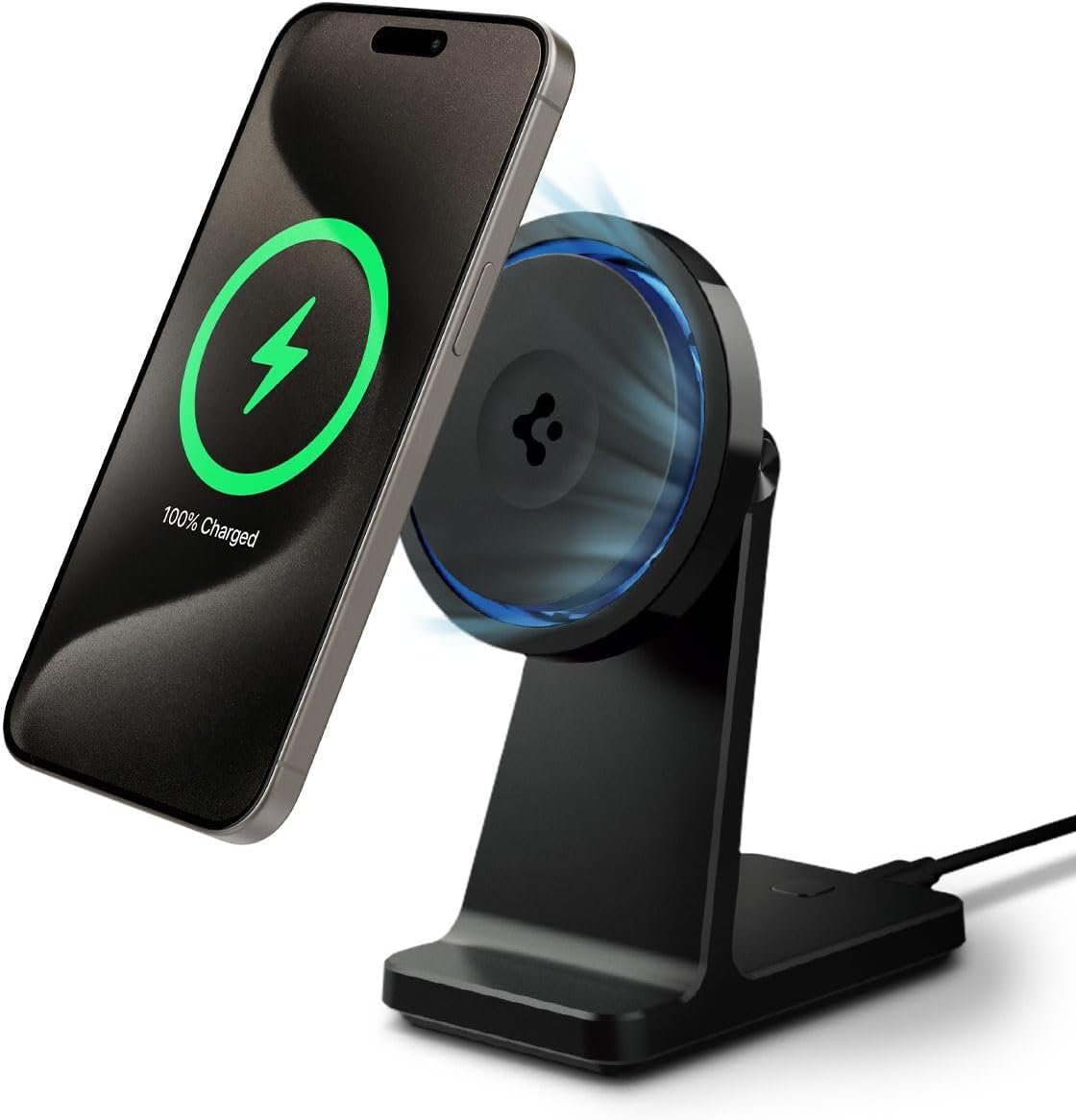 Spigen for MagSafe Charger, Qi2 Wireless Cooling Fan 15W OneTap Pro 3 Cryomax (MagFit) Compatible with iPhone 17/16/15/14/13/12 Pixel 10 Pixelsnap and More, Sleep Friendly Light – Black (Stand)