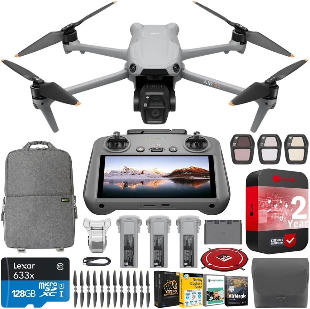 DJI Air 3S Fly More Combo (RC 2 Screen Remote) Drone with 1″ CMOS Wide-Angle & Medium Tele Camera, 4K/60fps, Omnidirectional Sensing, Smart RTH, 3 Battery Bundle with Deco Gear Accessories & Software