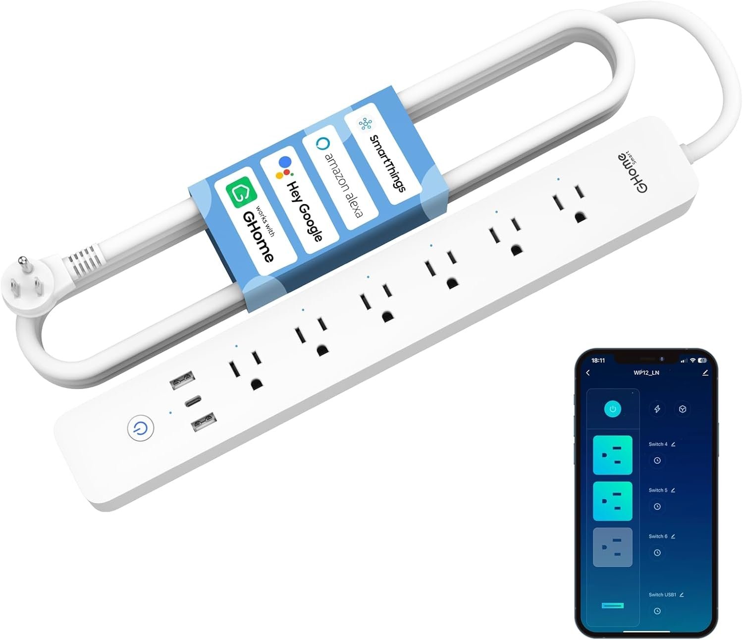 GHome Smart Plug Power Strip, 3 USB (30W Fast Charging) and 6 Individually Controlled Outlets, WiFi Surge Protector Works with Alexa & Google Home, Energy Monitor, 7.18 ft Mountable Flat Plug, 2A1C