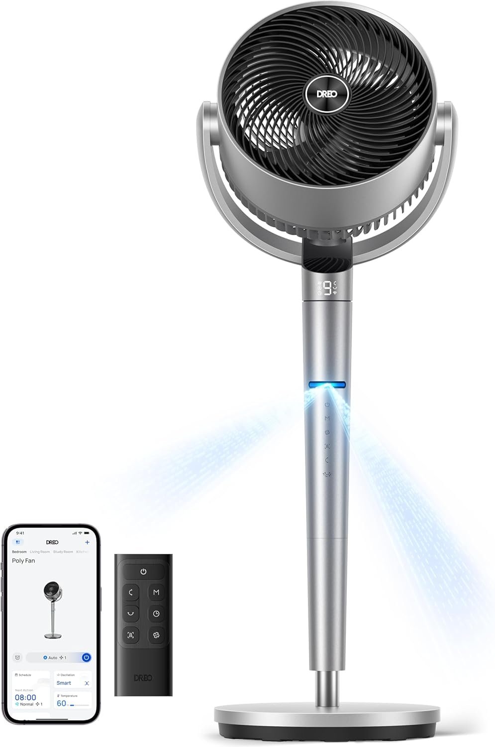 DREO Smart Fan for Bedroom, Position-based Oscillation, 150°+120° 3D Oscillating Fan, 110ft Pedestal Fans with Wi-Fi/Voice/Remote, Standing Fans Work with Alexa/Google, 9 Speeds, 6 Modes, 25dB, Silver