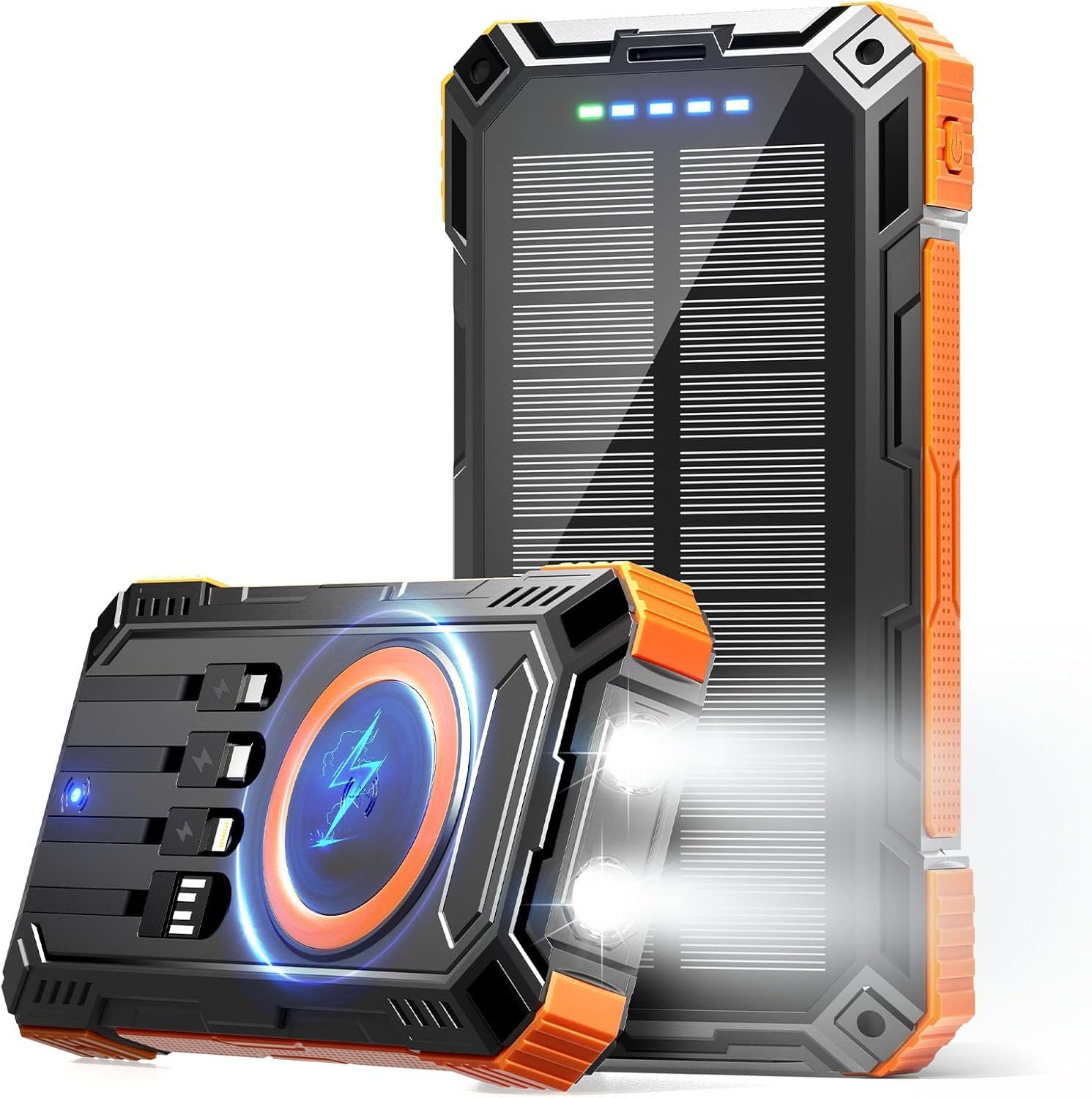 Solar Power Bank 49800mAh Wireless Portable Charger with USB-C 15W Fast Charging with 4 Built-in Cables LED Flashlight Battery Pack Compatible with iPhone, iPad, Galaxy, Perfect for Camping, Hiking