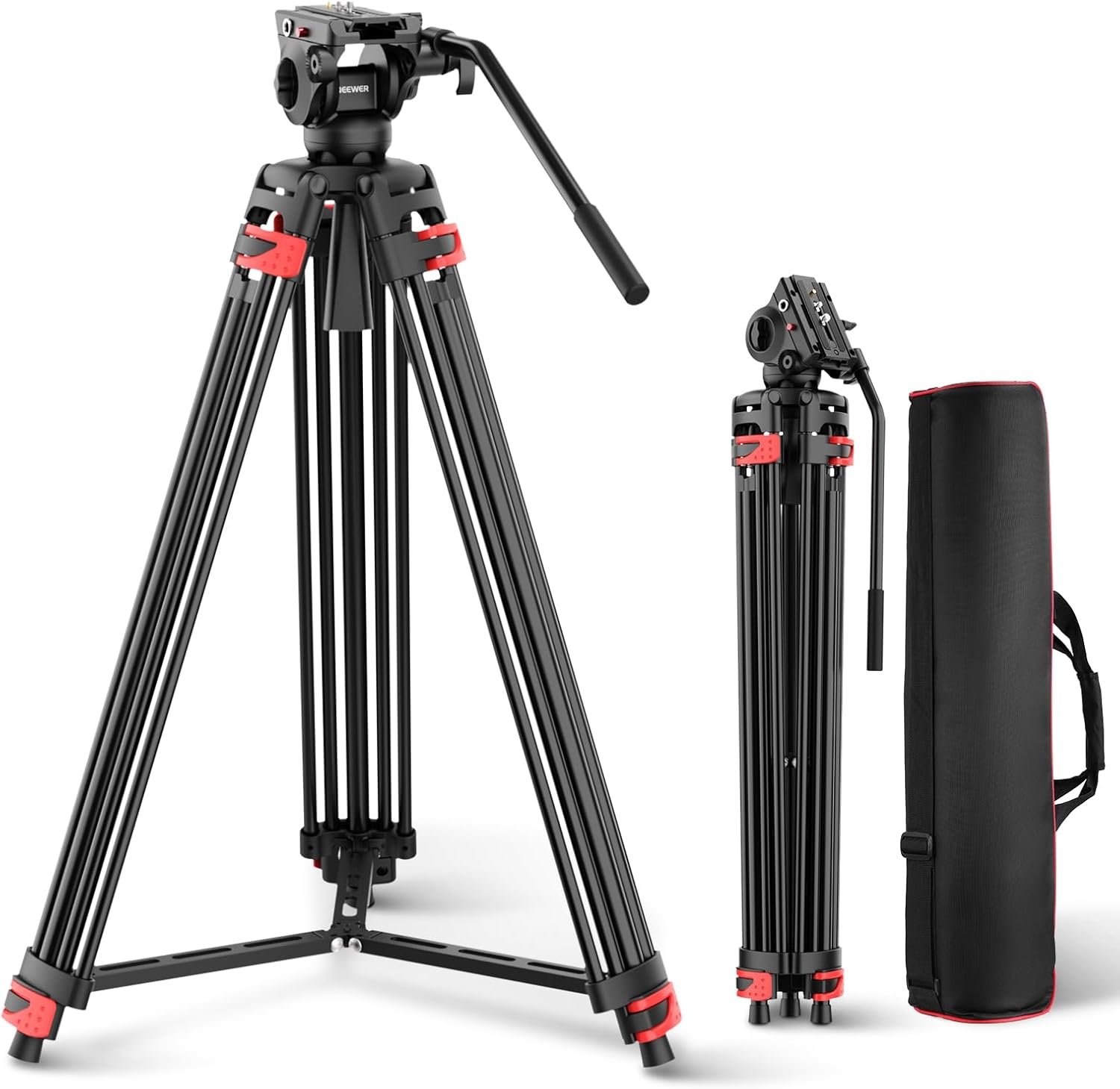 NEEWER Basic 74″ Video Tripod with Fluid Head , Metal Camera Tripod with Smooth Friction Damping, Mid Level Spreader, Quick Release Plate Compatible with Manfrotto 501, Max Load 17.6lb, TP37