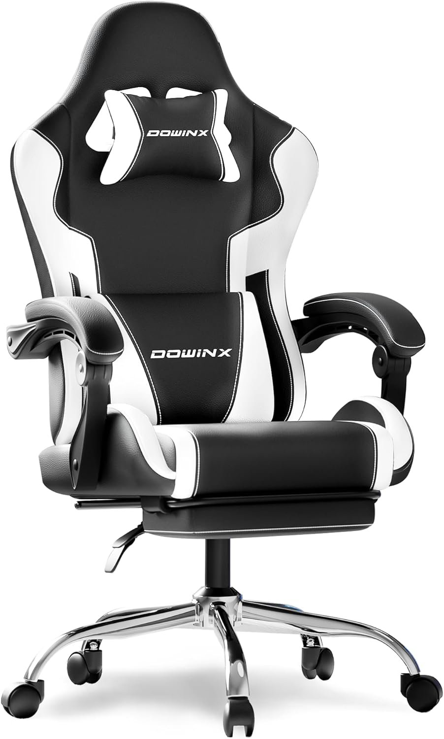Ergonomic Gaming Chair with Footrest, Heavy Duty 330lbs Office Chair, Massage Lumbar Support, Adjustable Height & Headrest Pillow, Comfortable for Back Pain Relief, Streaming, Long Gaming, White