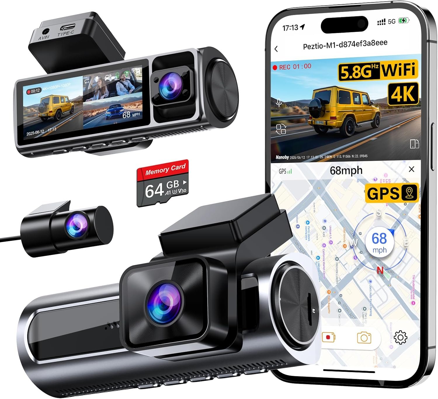 4K 3 Channel Dash Cam Front and Rear Inside, Built-in 5.8GHz WiFi GPS, 64GB Card Included, 4K+1080P+1080P Dash Camera for Cars, 3.18” IPS Screen Dashcam with G-Sensor, 24H Parking Monitor