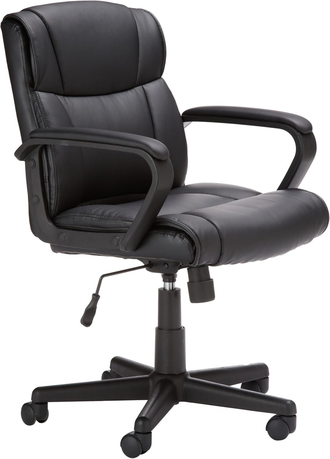 Amazon Basics Office Computer Task Desk Chair with Padded Armrests, Mid-Back, Adjustable, 360 Swivel, Rolling, 275 Pound Capacity, 24.2″D x 24″W x 34.8″H, Black Faux Leather