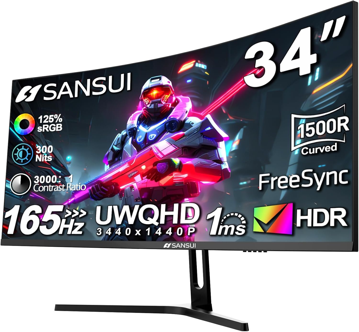 SANSUI 34-Inch Curved Gaming Monitor UWQHD 3440 x 1440 Up to 165Hz Curved 1500R – PIP/PBP, 1ms(MPRT), HDR, 300nits, sRGB 125%, DCI-P3 95%,FreeSync,HDMIx2,DP1.4 x2 (DP Cable Included)