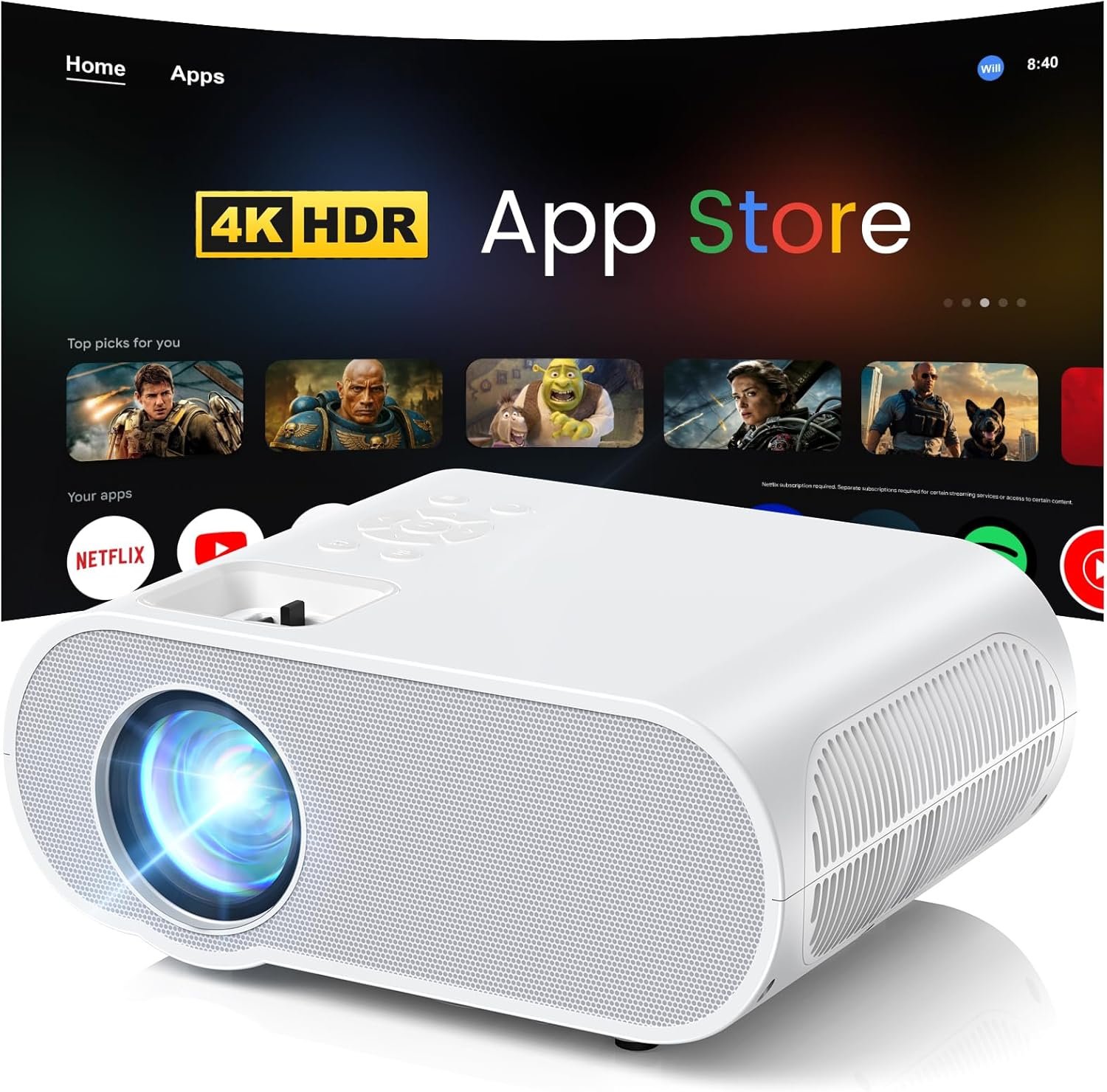 Smart Projector, HOMPOW UHD 4K Projector with WiFi and Bluetooth, Built-in Streaming System Outdoor Projector, Home Cinema Projector for iOS/Android