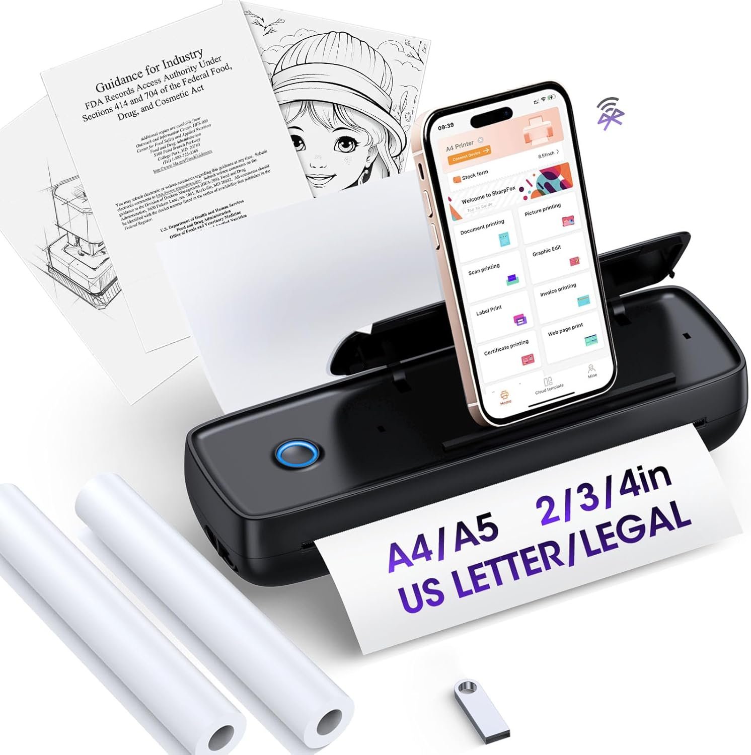 Inkless Portable Printer Wireless for Travel – High Resolution, 3800mAh Battery, Thermal Mini for A4/A5/US Letter, Bluetooth & USB, Lightweight Wireless Printer for Home/Office