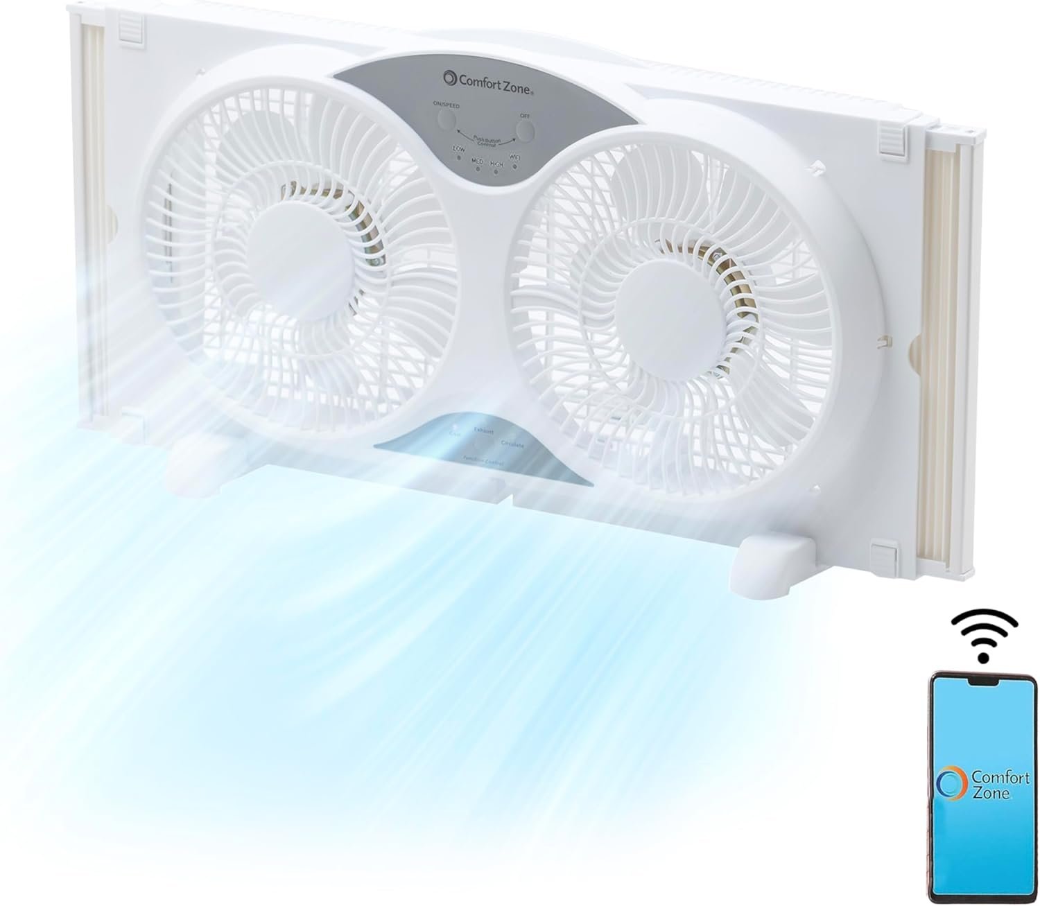 Comfort Zone 9-Inch Window Fan with Dual 3-Speed Fans, Auto-Locking Expanders, 3 Modes (Cool, Circulate, Exhaust), Wi-Fi App Control, Fabric Cover & Bug Screen