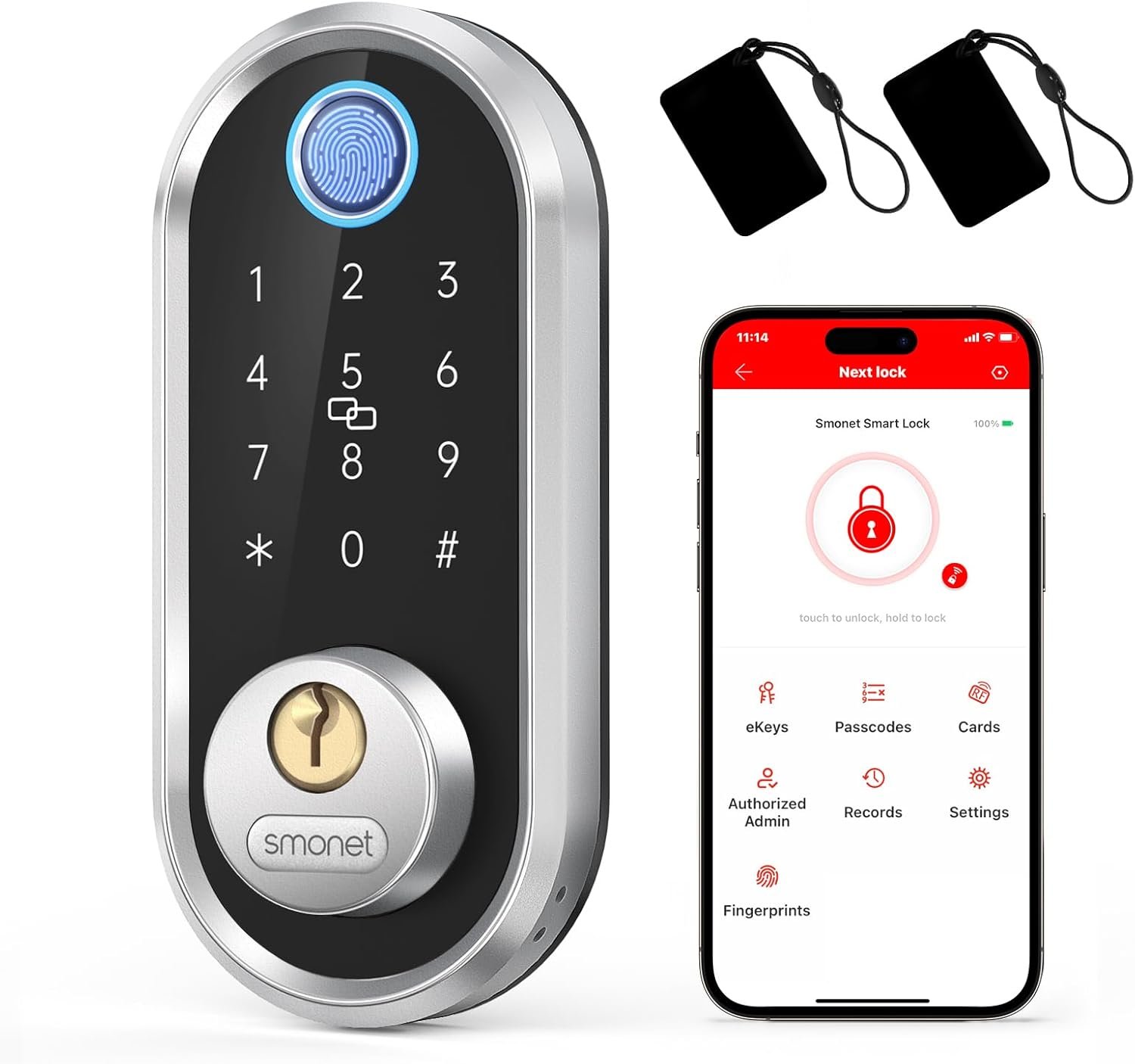 Smart Deadbolt, SMONET Fingerprint Electronic Deadbolt Door Lock with Keypad-Bluetooth Keyless Entry Front Door Digital Keypad App Control, Ekeys Sharing, App Monitoring Auto Lock for Homes and Hotel