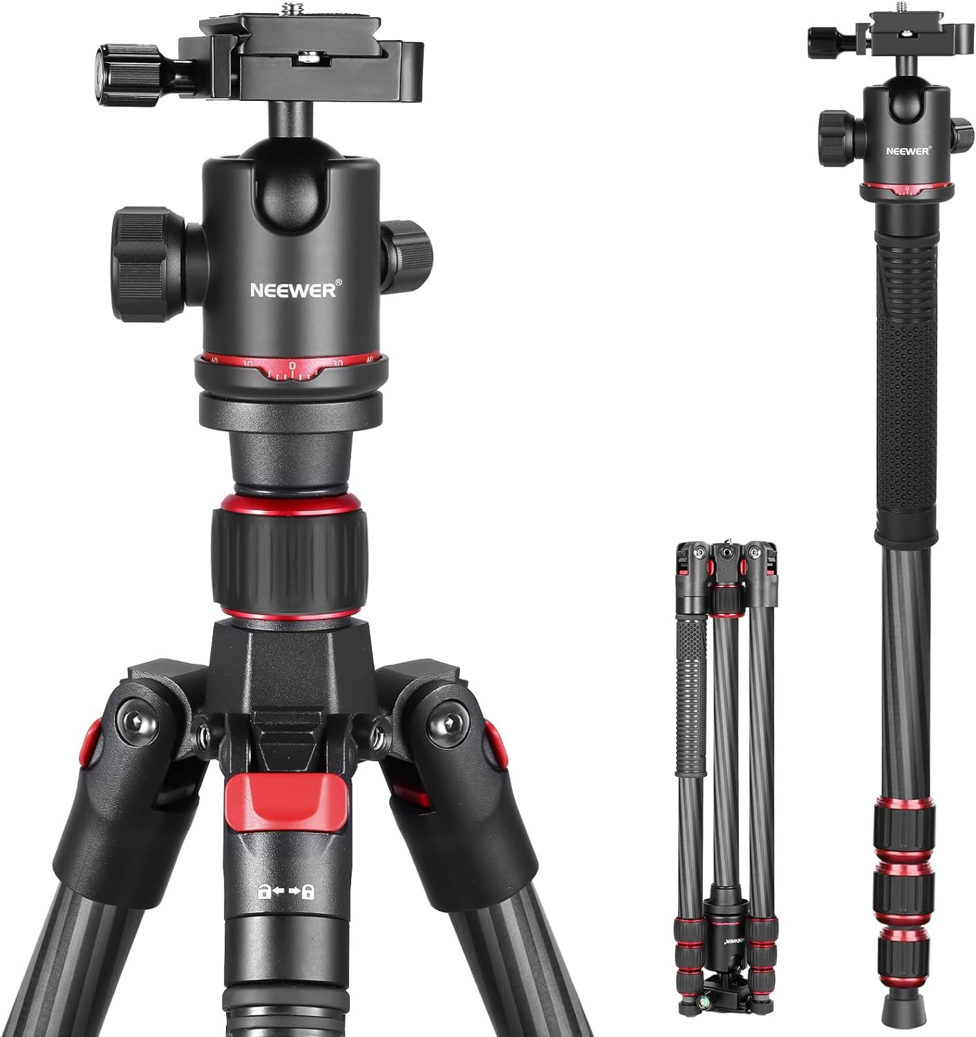 NEEWER 66″/168cm Carbon Fiber Tripod for Camera with 360° Panorama Ball Head, 1/4″ Arca QR Plate, Portable Bag, Compact Travel Tripod Monopod for DSLR Video Camcorder, Max Load 26.5lb/12kg, N55C
