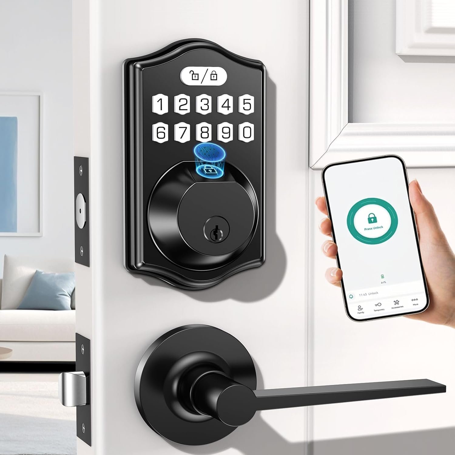 keyless Entry Door Lock deadbolt with Handle Set- Front Door Fingerprint Smart Locks with 2 Lever Handles-Keypad Code Deadbolt -App Control,Auto Lock,Easy to Install