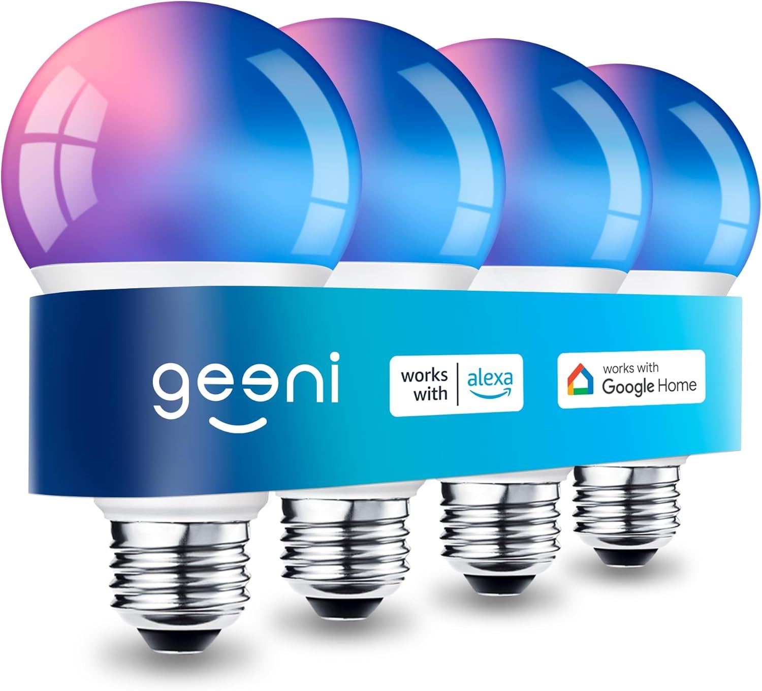 Geeni Prisma Plus 800 Dimmable Smart Light Bulbs with 2.4 GHz Wi-Fi Connectivity – Color-Changing & Tunable White, A19 LED Smart Bulb – Works with Alexa & Google, 4-Pack