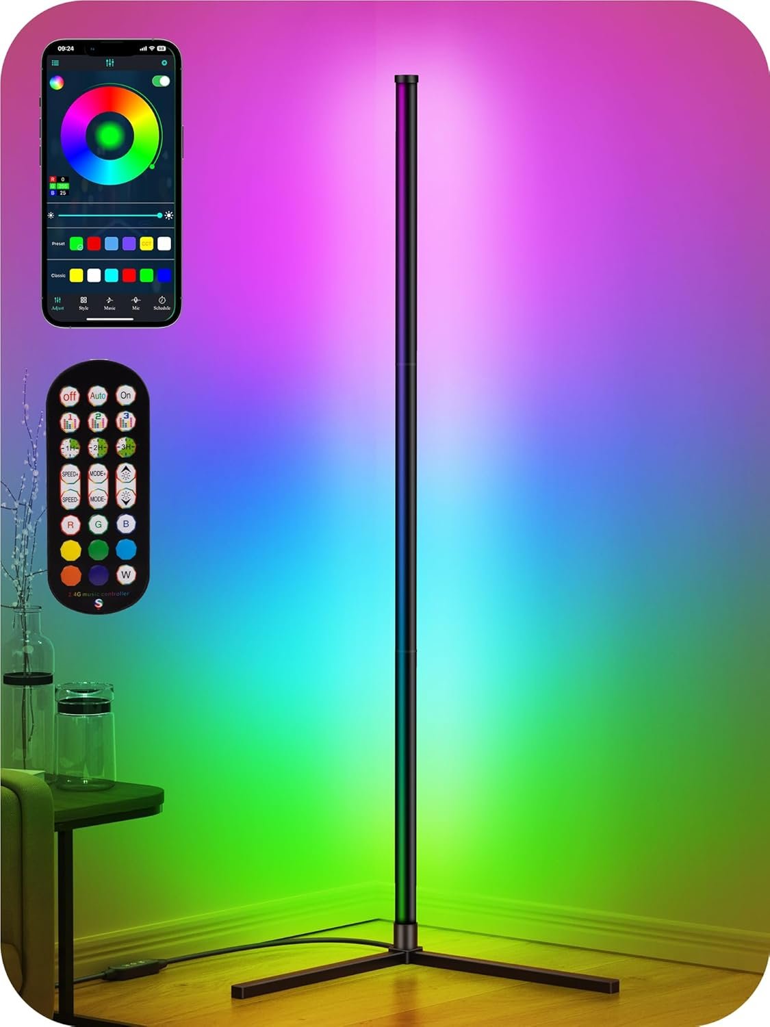 RIYO LED Corner Lamp, RGB Corner Floor Lamp with APP and Remote Control, 16 Million Colors & 68+ Scene Color Changing Ambience Light with Music Sync for Living Room, Bedroom, Gaming Room