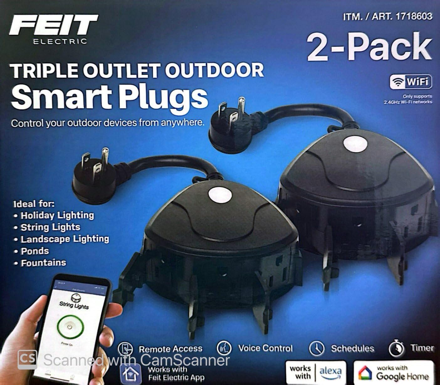 Feit Electric Triple Outlet Outdoor Smart Plugs, 2-Pack, WiFi, Controls Devices from Anywhere, Voice Control, Schedules, Timer, Compatible with Alexa and Google Home, Black