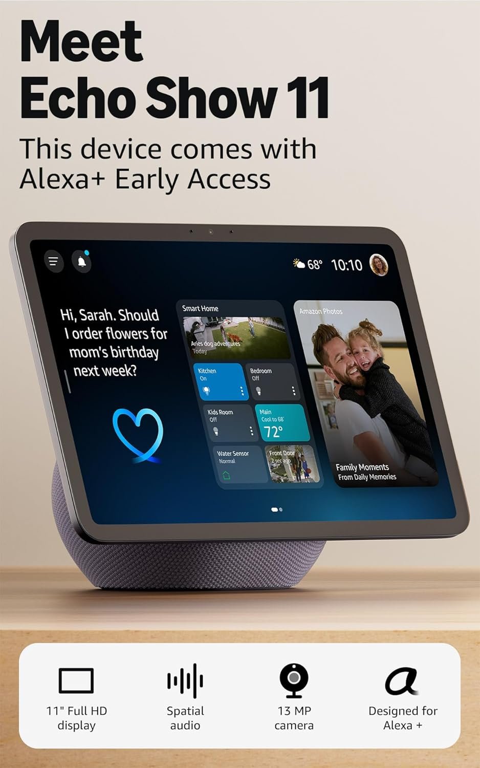 Amazon Echo Show 11 (newest model), Vibrant Full-HD 11″ display with more viewing area and spatial audio, with Alexa+ Early Access, Graphite