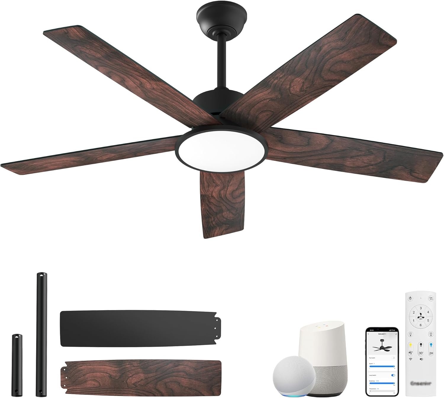 Ensenior 52 Inch Smart Ceiling Fans with Lights and Remote, Control via Alexa Google Voice App, Reversible DC Motor 6 Speeds 3000K-6000K, Dimmable LED, Black bedroom ceiling fan with lights – 5 Blades