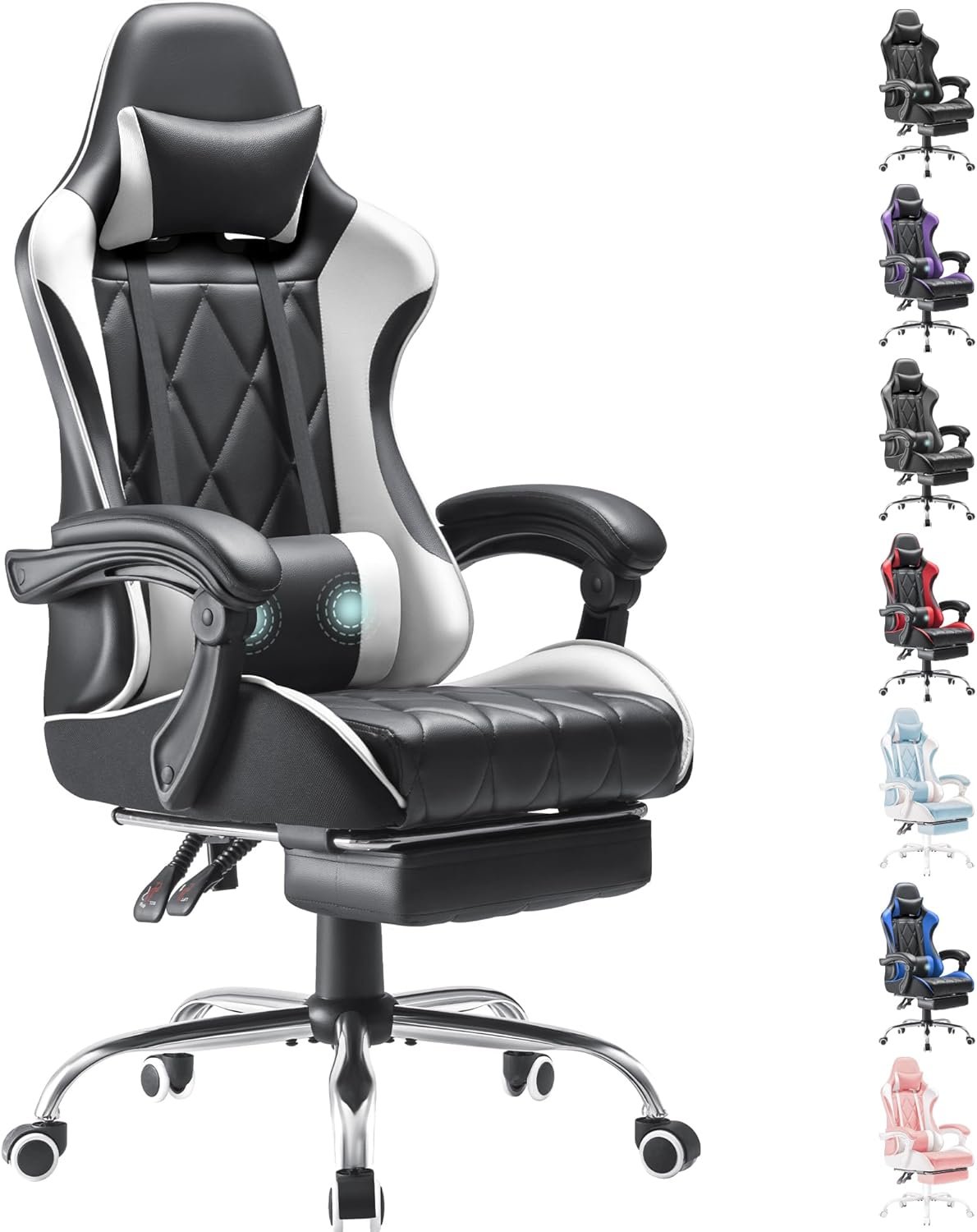 Homall Gaming Chair, Computer Chair with Footrest and Massage Lumbar Support, Ergonomic High Back Video Game Chair with Swivel Seat and Headrest (White)