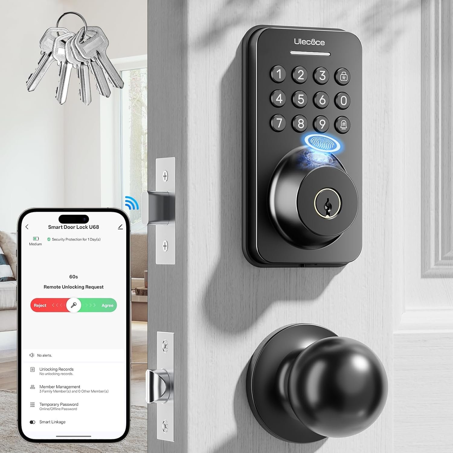 Keyless Entry Door Lock with Handle Set – Built-in WiFi, App Control & Doorbell, Electronic Keypad Deadbolt with One-Time Code, Auto-Locking, Easy to Install