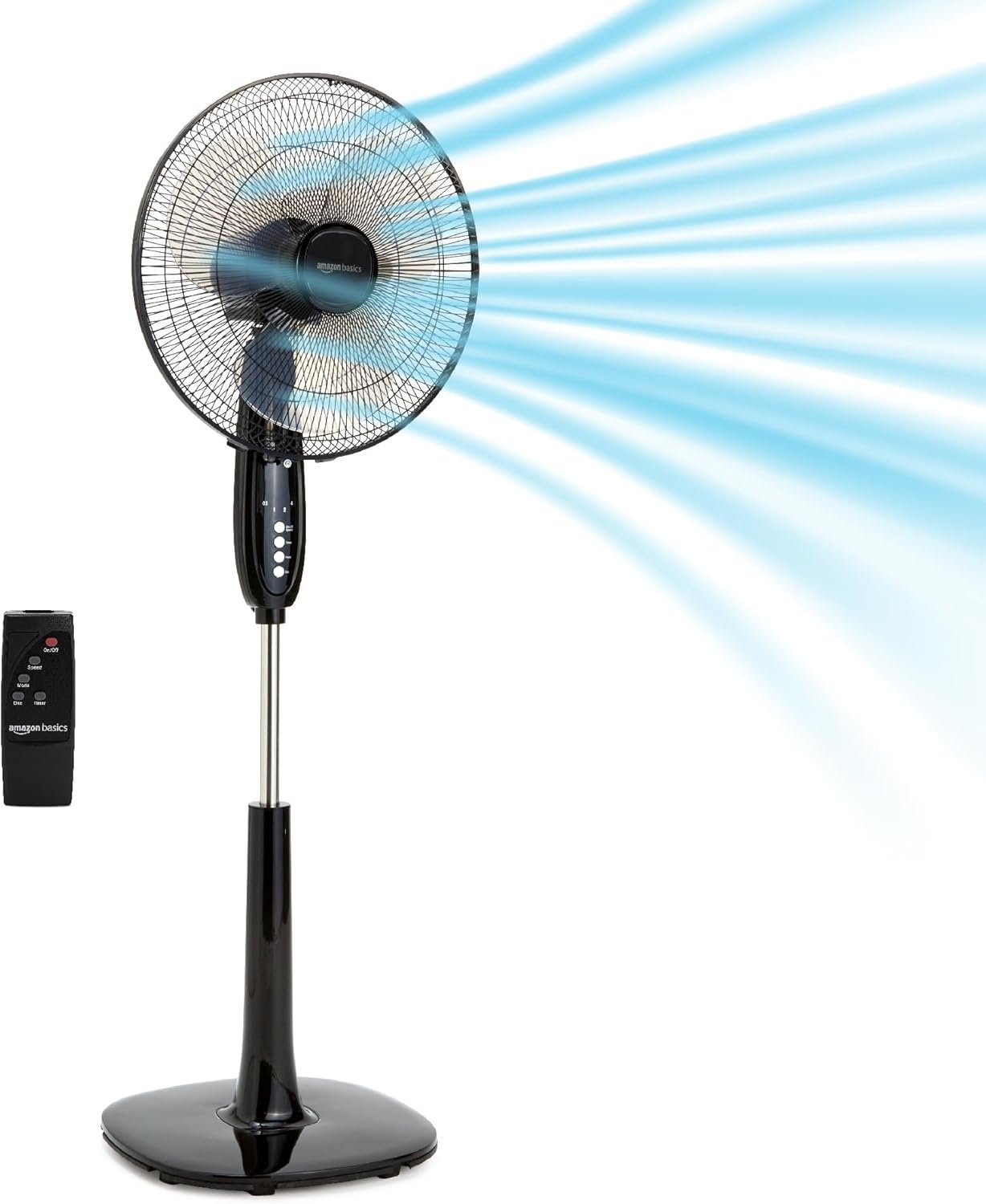 Amazon Basics 16″ Pedestal Fan with Remote, Floor Fan, Standing Fan for Bedroom, Living Room, Office, with 3 Speeds, 3 Modes, Timer, Dual-Layered Blades, Adjustable Height, Tilt Head, 60W, Black
