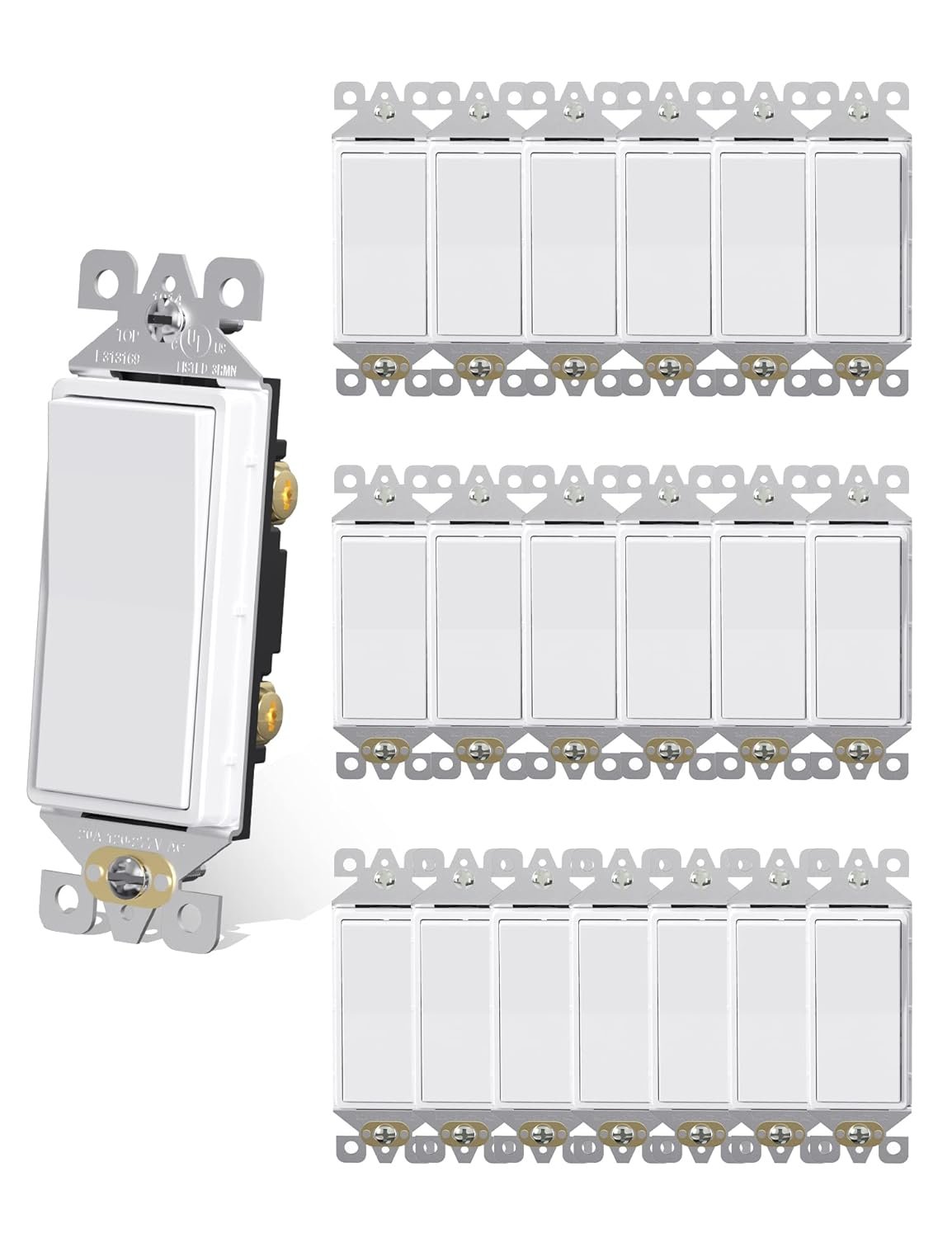 AIDA 20 Pack Light Switch Single Pole Light Switch Square Rocker Switch Decora Switches White, 15 Amp Self-grounding Electrical Light Switches, Residential Grade, UL Listed Glossy White