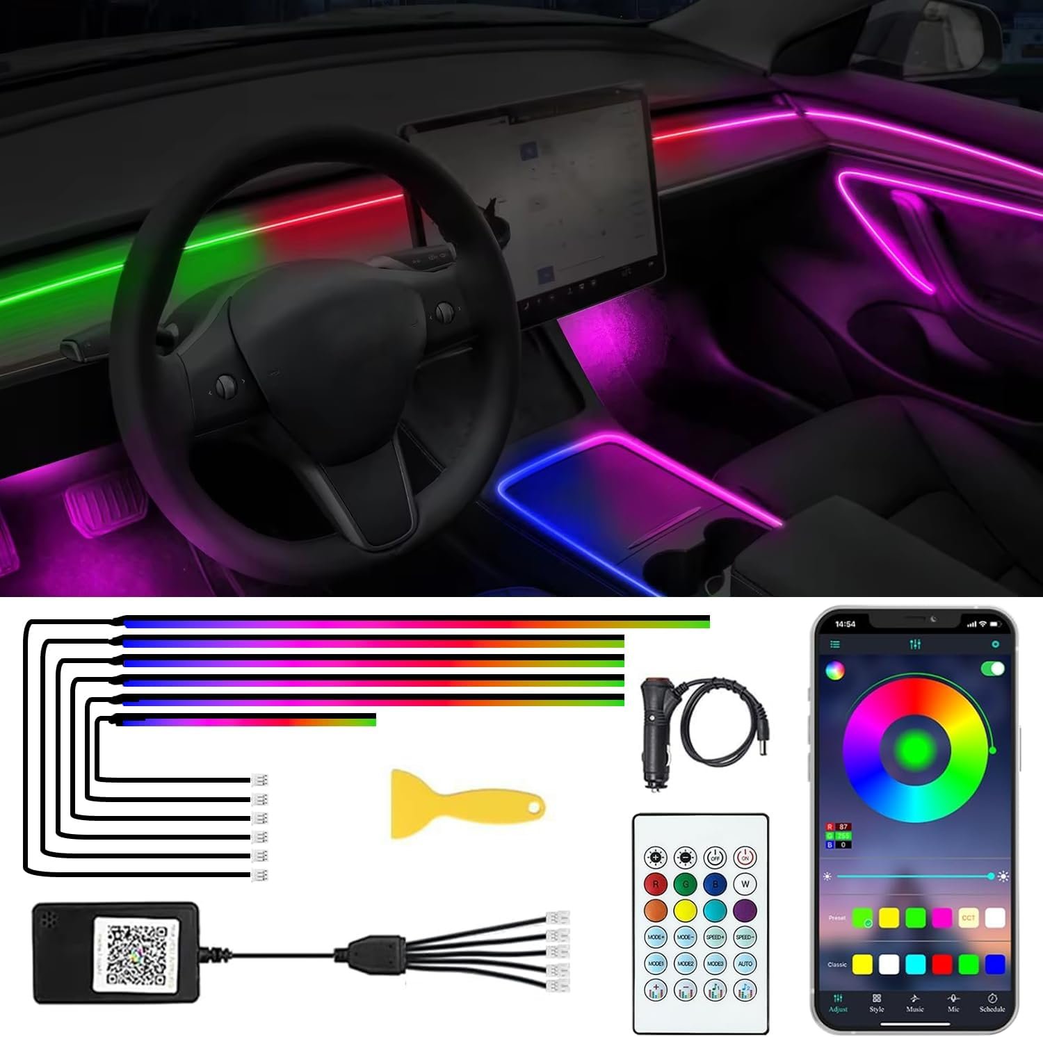 Acrylic Interior Car LED Lights with Remote and Wireless APP 6 in 1,Ambient Lighting Kits Fiber Optic Strip LEDs,16 Million Colors Music&DIY Function