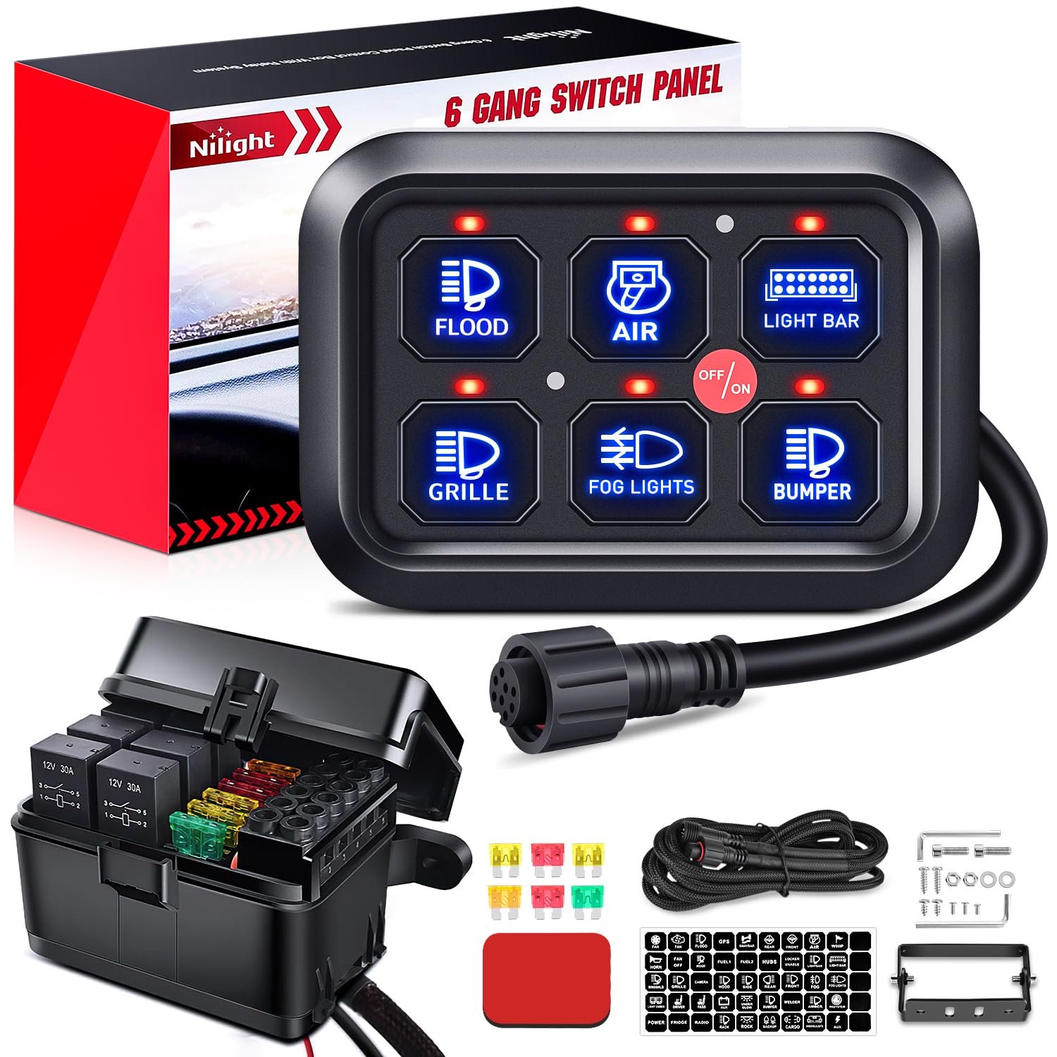 Nilight 6 Gang Switch Panel Universal Circuit Control Relay System with Fuse Wiring Harness Automatic Dimmable ON-Off LED Pod for Cars Trucks Boats ATV UTV SUV