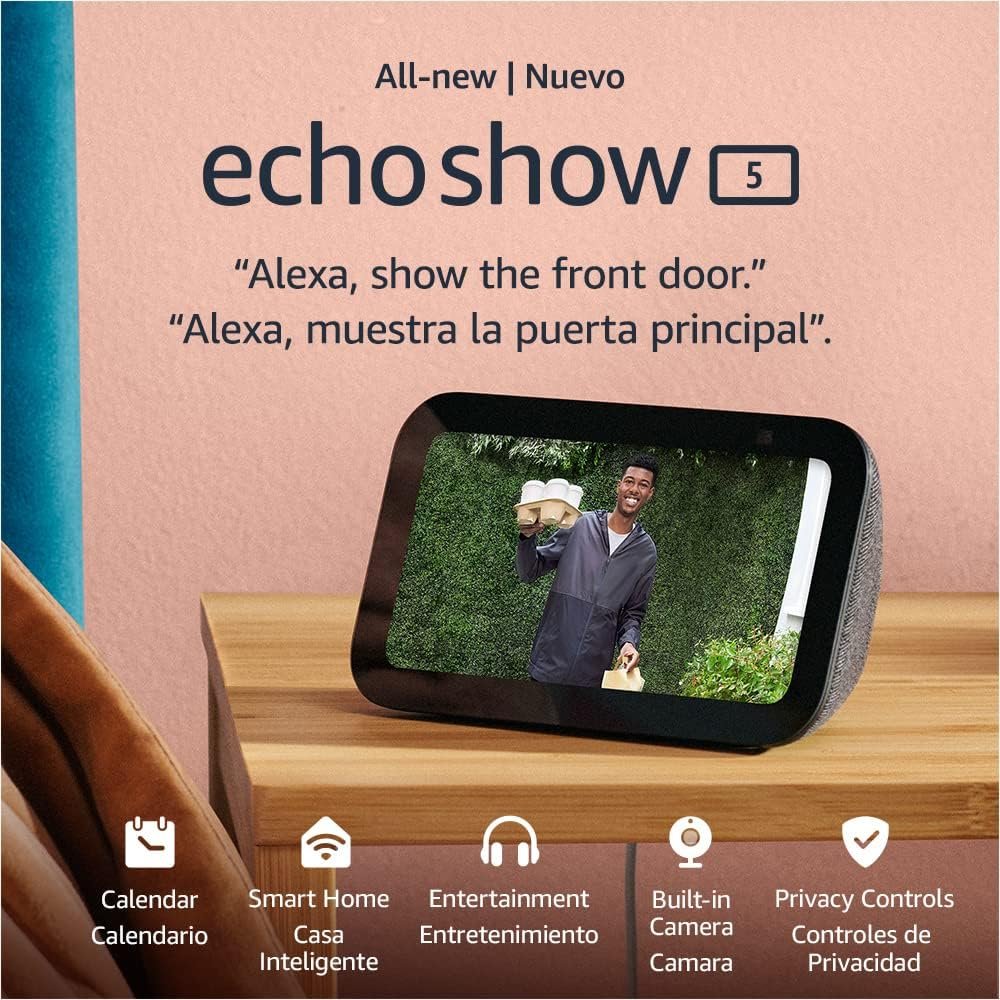 Echo Show 5 (3rd Gen, 2023 release) | Smart display with deeper bass and clearer sound | International Version with EU Power Adaptor | Charcoal
