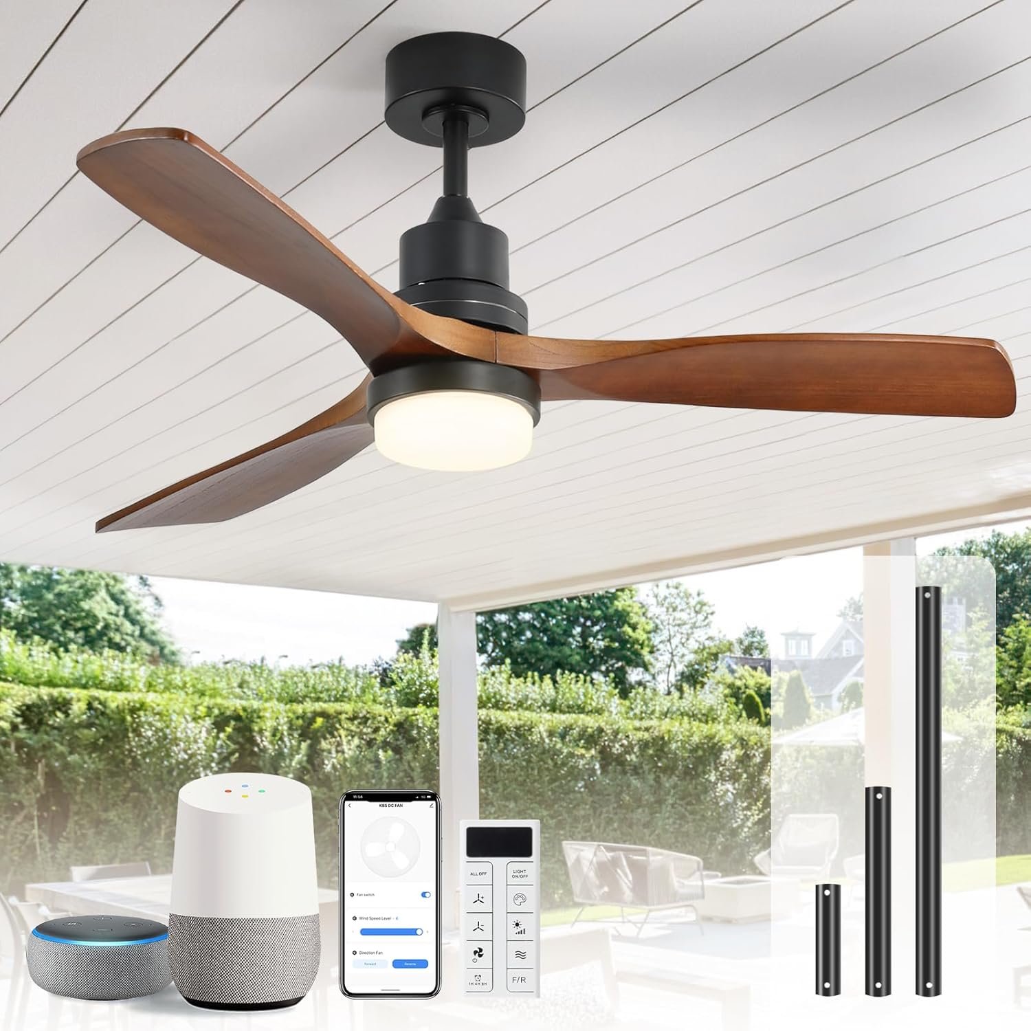 Sofucor 52 Inch Smart Ceiling Fans with Lights and Alexa/Google Assistant/APP/Remote Control-Modern Solid Wood Outdoor Walnut 3 Blades Ceiling Fan for Bedroom Living Room Farmhouse Patio, Brown Black