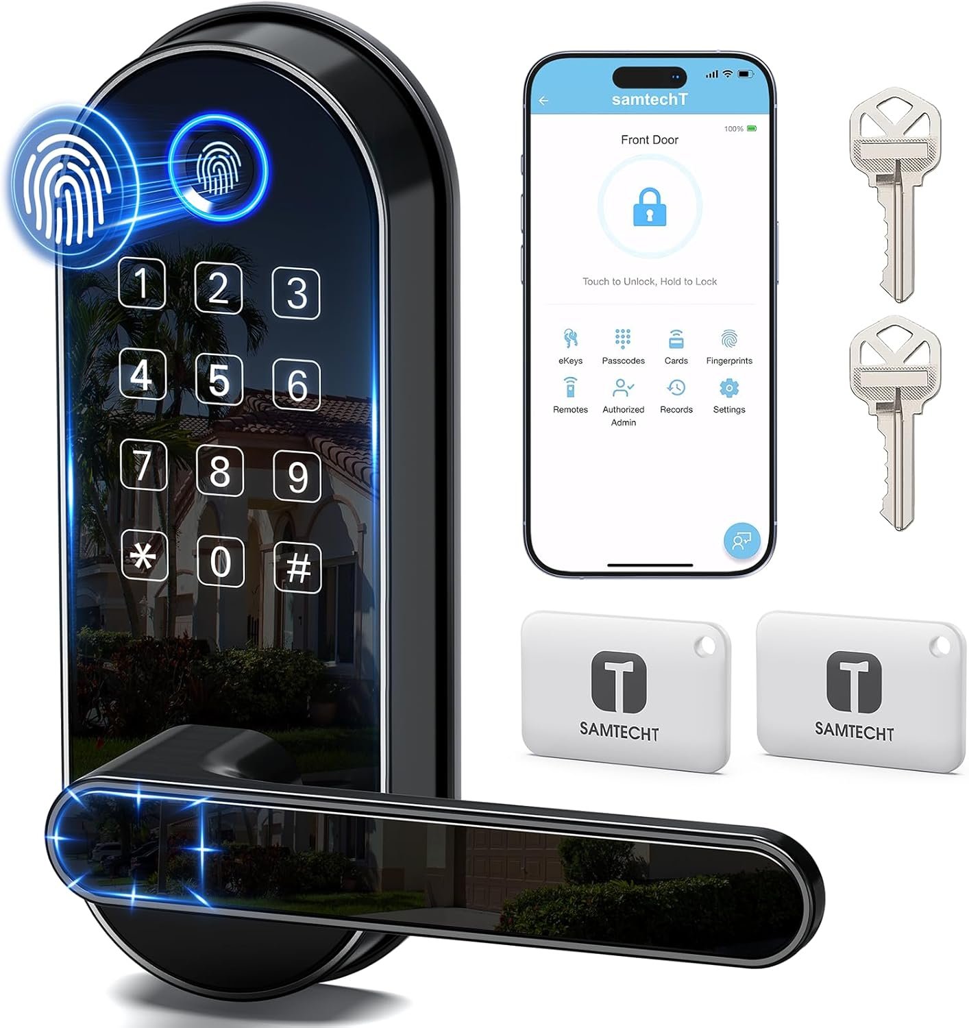 Bluetooth Fingerprint Smart Lock with Handle & Keypad – Fits Most US Doors, DIY Install, Keyless Entry: Code, FOB, Auto-Lock. Ideal for Home, Airbnb & Rental, Kids & Seniors. Alexa & Google Compatible