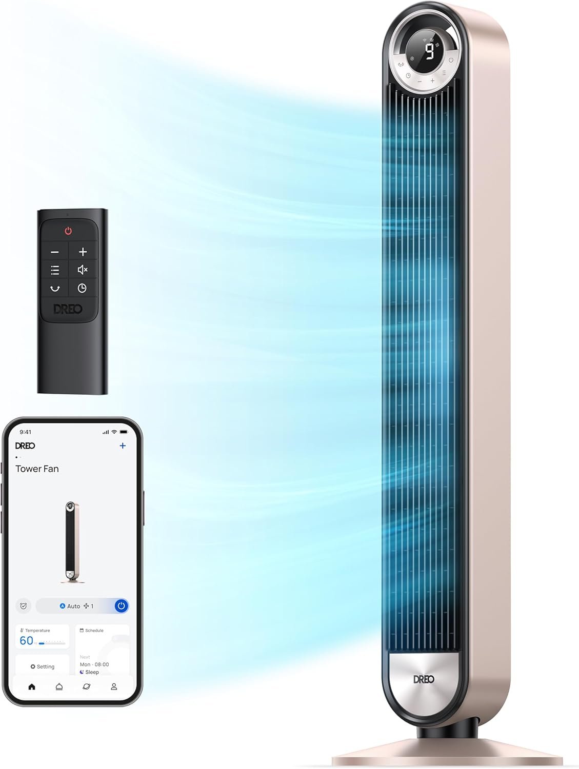 Dreo Tower Fan for Bedroom, 90° Oscillating Standing Fan with 28ft/s Velocity, 25dB Quiet for Sleep, DC Motor, 9 Speeds, 4 Modes, 12H Timer, Voice & APP & Remote Control, 42″ Cruiser Pro T2 S