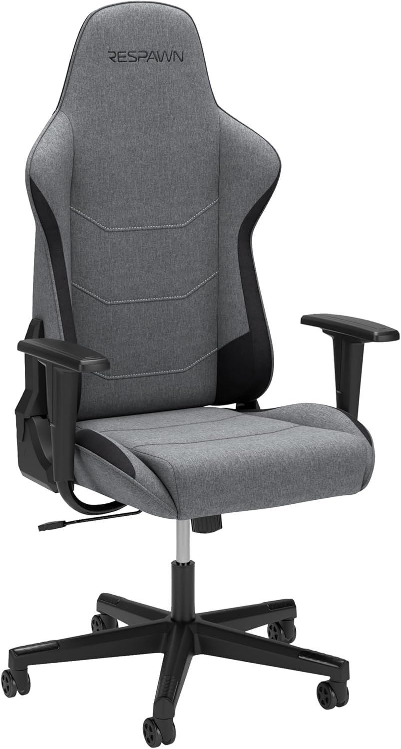 Respawn 110 Ergonomic Gaming Chair – Reclining Office Video Game Swivel Chair with Lumbar Support, Headrest, Heavy Duty, High Back, Racing Style Gaming Recliner Seat for Computer Gamer – Gray Fabric